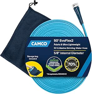 Camco EvoFlex2 50-ft Drinking Water Hose - RV Drinking Water Hose Reinforced with Fabric & Ultra Lightweight - Contains No Lead, No BPA & No Phthalate - Abrasion Resistant (22579)