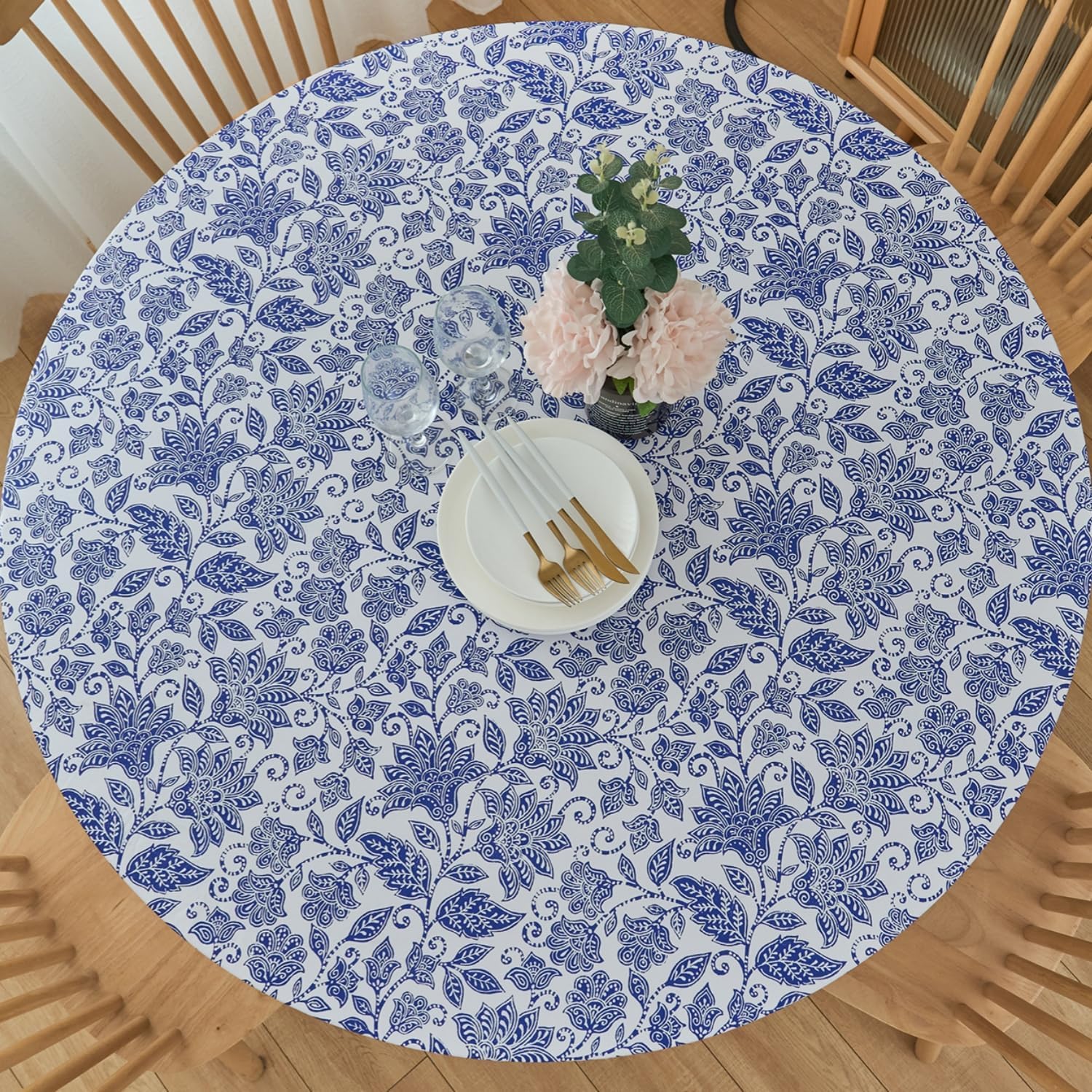 Round Vinyl Fitted Tablecloth with Flannel Backing Elastic Table Cloth Waterproof Oil-Proof Plastic Table Cover (Blue Flower, Small Round Fits Table up 40"-44" Diameter) Blue Flower 48" (Round)