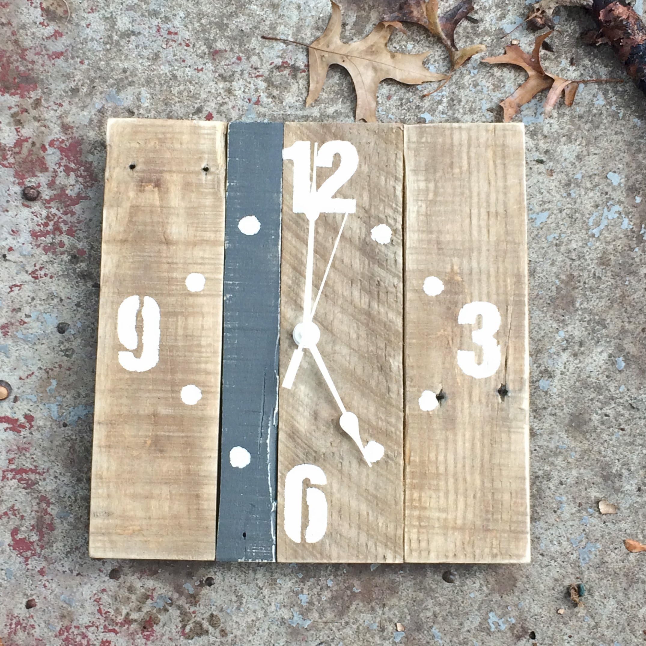 Wood Wall Clock with Accent Stripe CHOOSE YOUR COLORS, Distressed Finished Large Solid Wood Wall Clock, 12" made by Seeka Decor