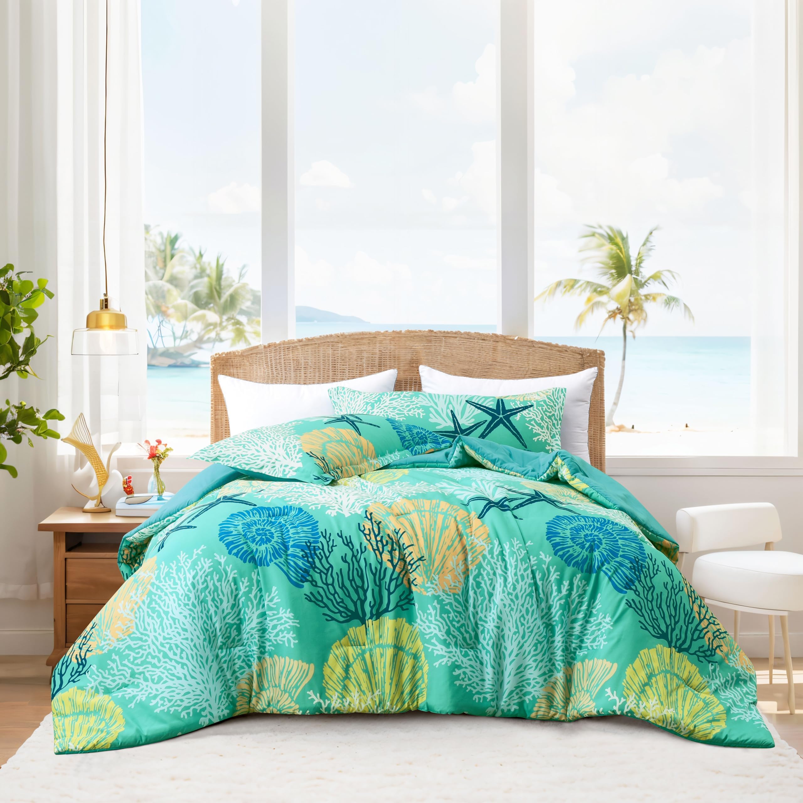 Tritard Coastal Comforter Set King Size 3 Piece, Soft Beach Themed Comforter, Ocean Nautical Lightweight Bedding Sets for All Seasons, (1 Reversible