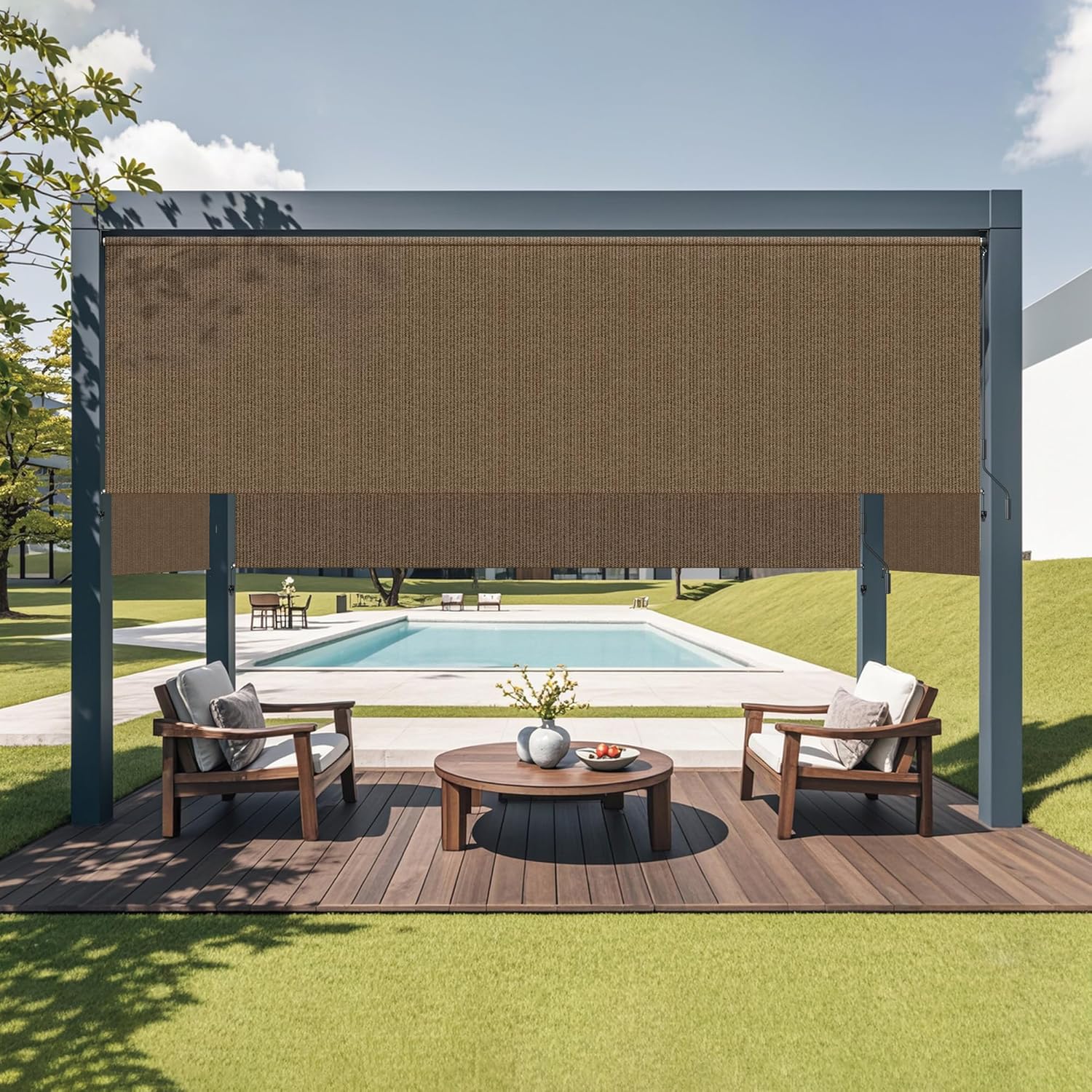 HOMEDEMO Outdoor Roller Shades for Patio, 4'W x 8' H Roll up Shade for Outside, Sun Roller Shade Cloth Roll Blinds Cordless Waterproof for Porch Gazebo Pergola Balcony Backyard Mocha