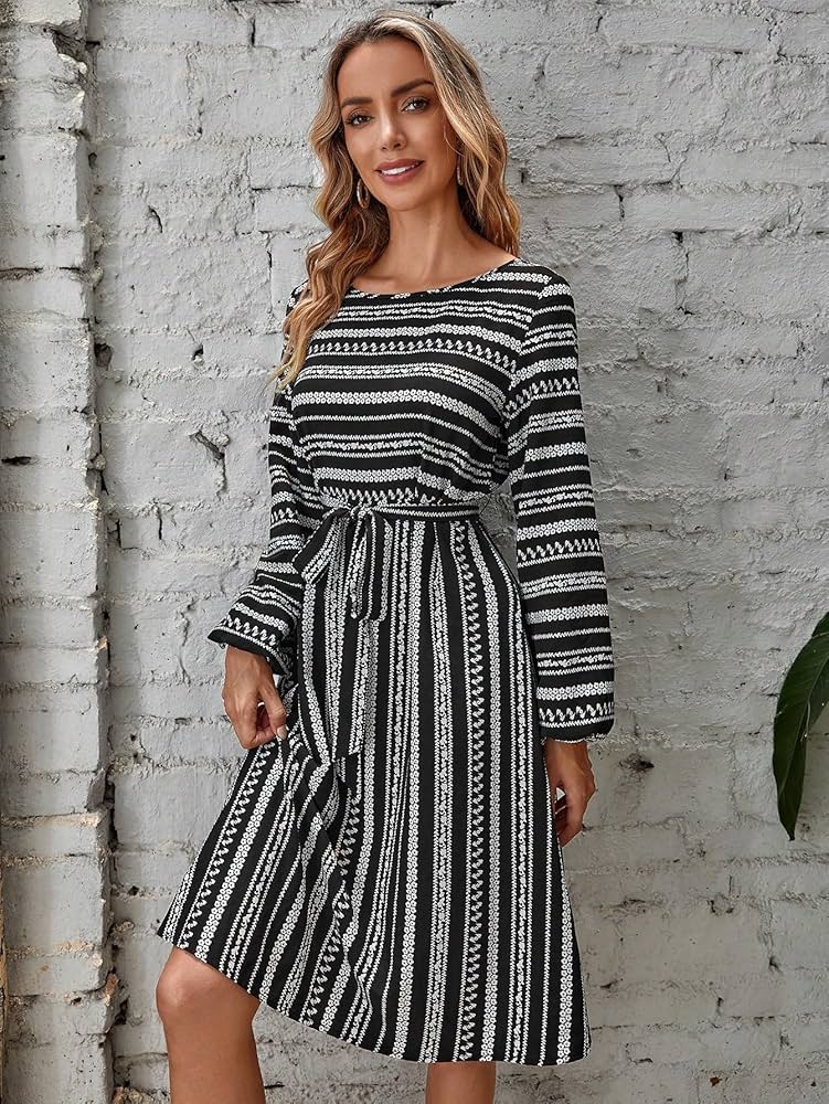 Women's Dresses Geo Print Lantern Sleeve Belted Dress - Boho Style, Tribal  Pattern, A Line, Long Sleeve Dress for Women (Color : Black and White, Size  : Medium) : Amazon.ca: Clothing, Shoes & Accessories