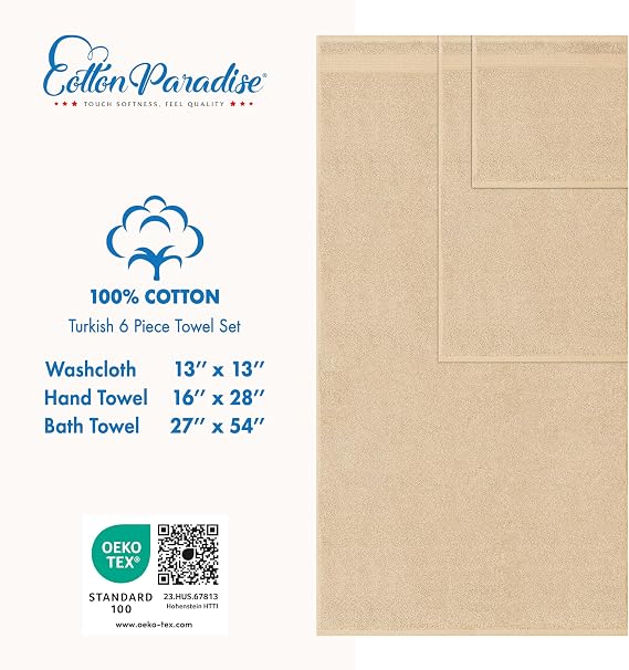Cotton Paradise 6 Piece Towel Set, 100% Turkish Cotton Soft Absorbent Towels for Bathroom, 2 Bath Towels 2 Hand Towels 2 Washcloths, Sand Taupe Towel Set