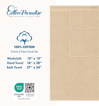 Cotton Paradise 6 Piece Towel Set, 100% Turkish Cotton Soft Absorbent Towels for Bathroom, 2 Bath Towels 2 Hand Towels 2 Washcloths, Sand Taupe Towel Set