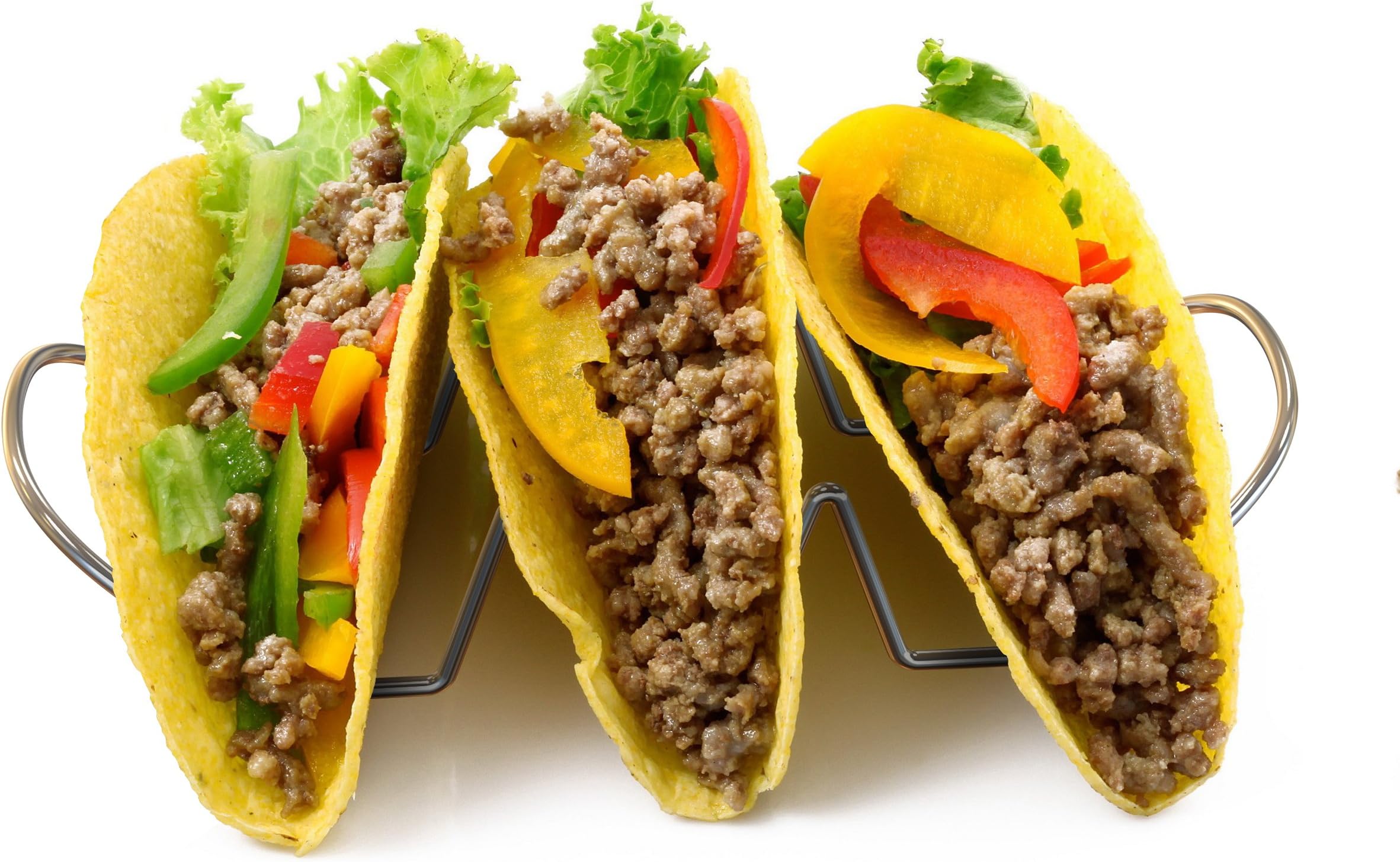 The Ultimate Taco Holder Set Of 2 By ROWLIX | Premium Stainless Steel Taco Racks | Easy To Clean & Stackable | Ideal For Hot Dogs, Tortillas, Pitas, Soft & Hard Shells | Dishwasher Safe 3 Tacos Stand