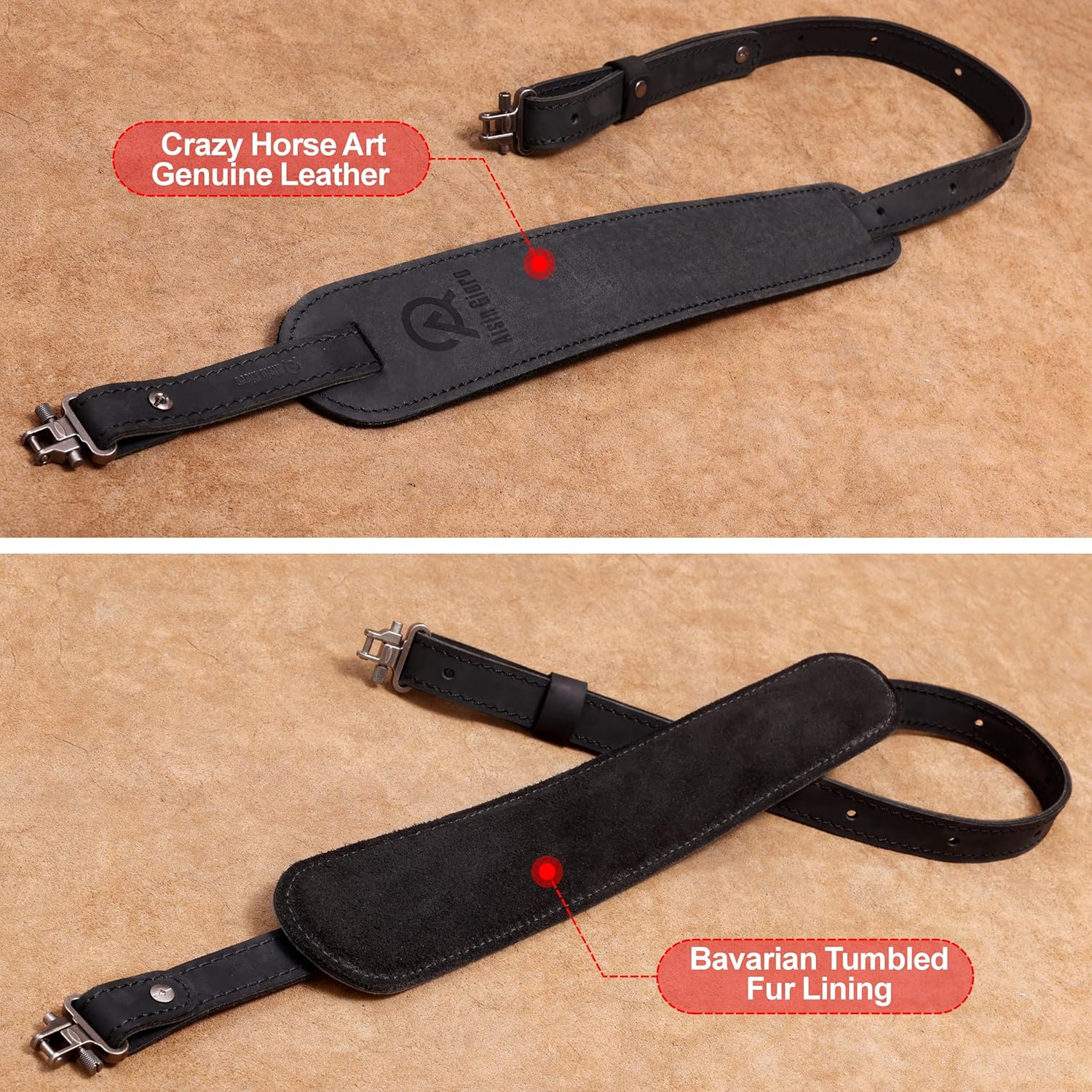 Aisin Gioro Rifles Slings, 2.5" Wide Double Layer Crazy Horse Cowhide Leather Gun Sling Adjustable Replacement with Gun Sling Swivels(Black Leather)