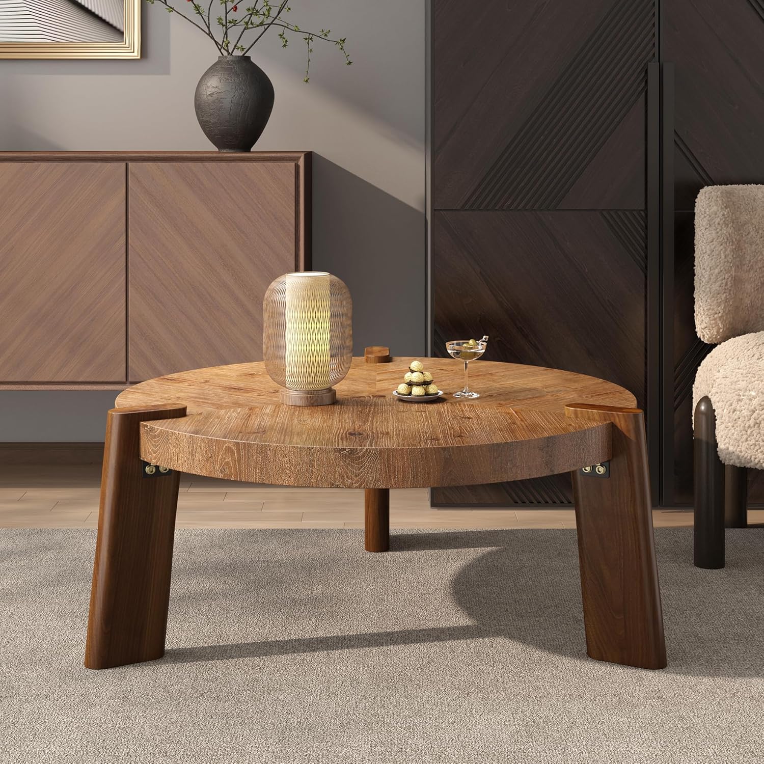 Round Rustic Coffee Table with Thick Tabletop, 35.43" Solid Wood Circle Accent End Table with with 3 Thick Wooden Legs, Wooden Center Table for Living Room Home Furniture - Walnut