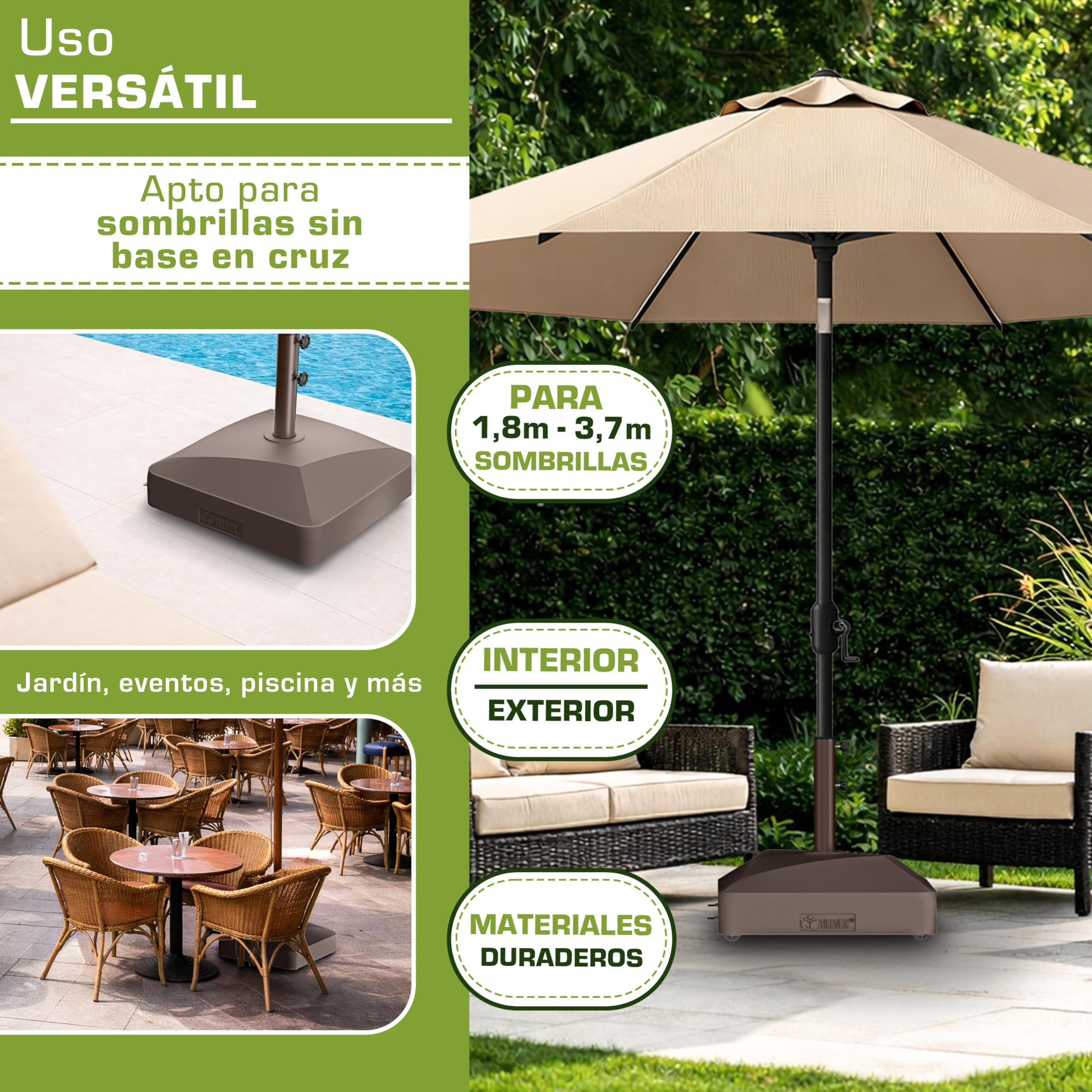 tillvex® Base de sombrilla GRAVIA con Ruedas y Frenos | Soporte de lastre rellenable 37L / 56kg | Pie para Parasol y sombrilla de Mercado Ø 1,8-3,7m | Resistente a la Intemperie y UV (Marrón) — view 5