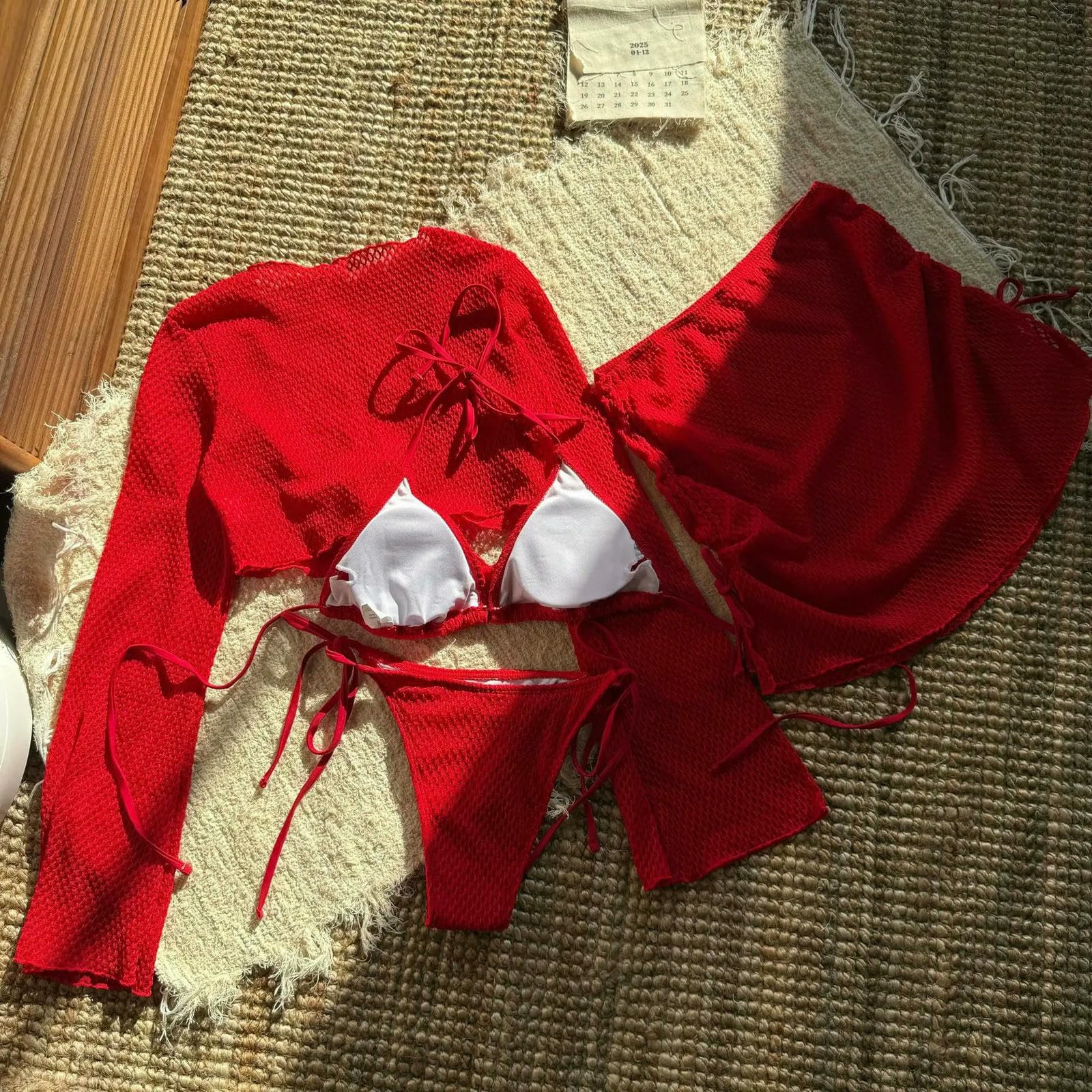 Costume Set di Bikini Rosso all'Uncinetto alla Moda - da Bagno Donna A 4 Pezzi Halter Triangolo con Top Manica Campana E Mini Gonna-Red-s