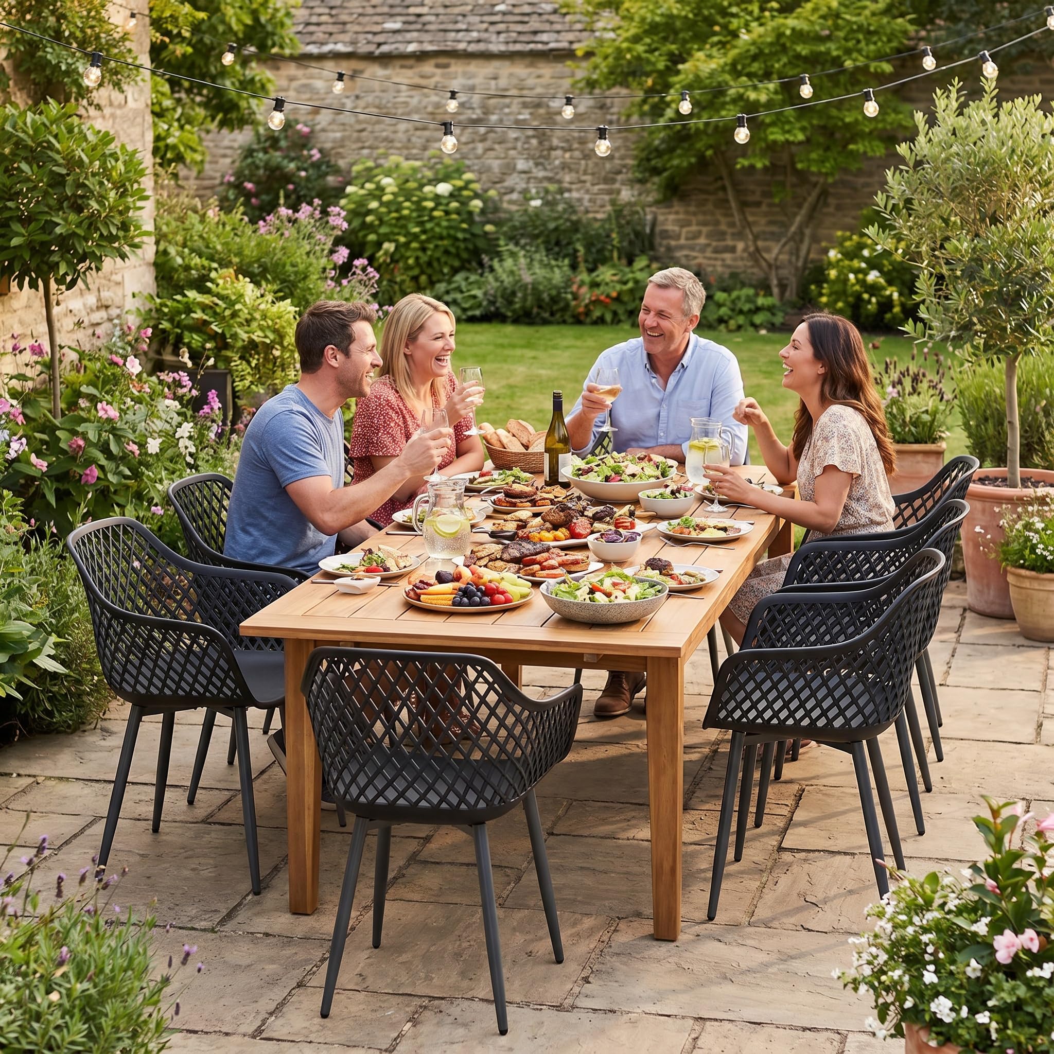 Gartenstuhl 4er Set, Outdoor Stuhl 120kg Belastbar, Wetterfest & UV-Beständig, Gartenstühle mit Armlehne, für Garten, Terrasse, Balkon & Außen, Armlehnensessel Loungesessel, Schwarz