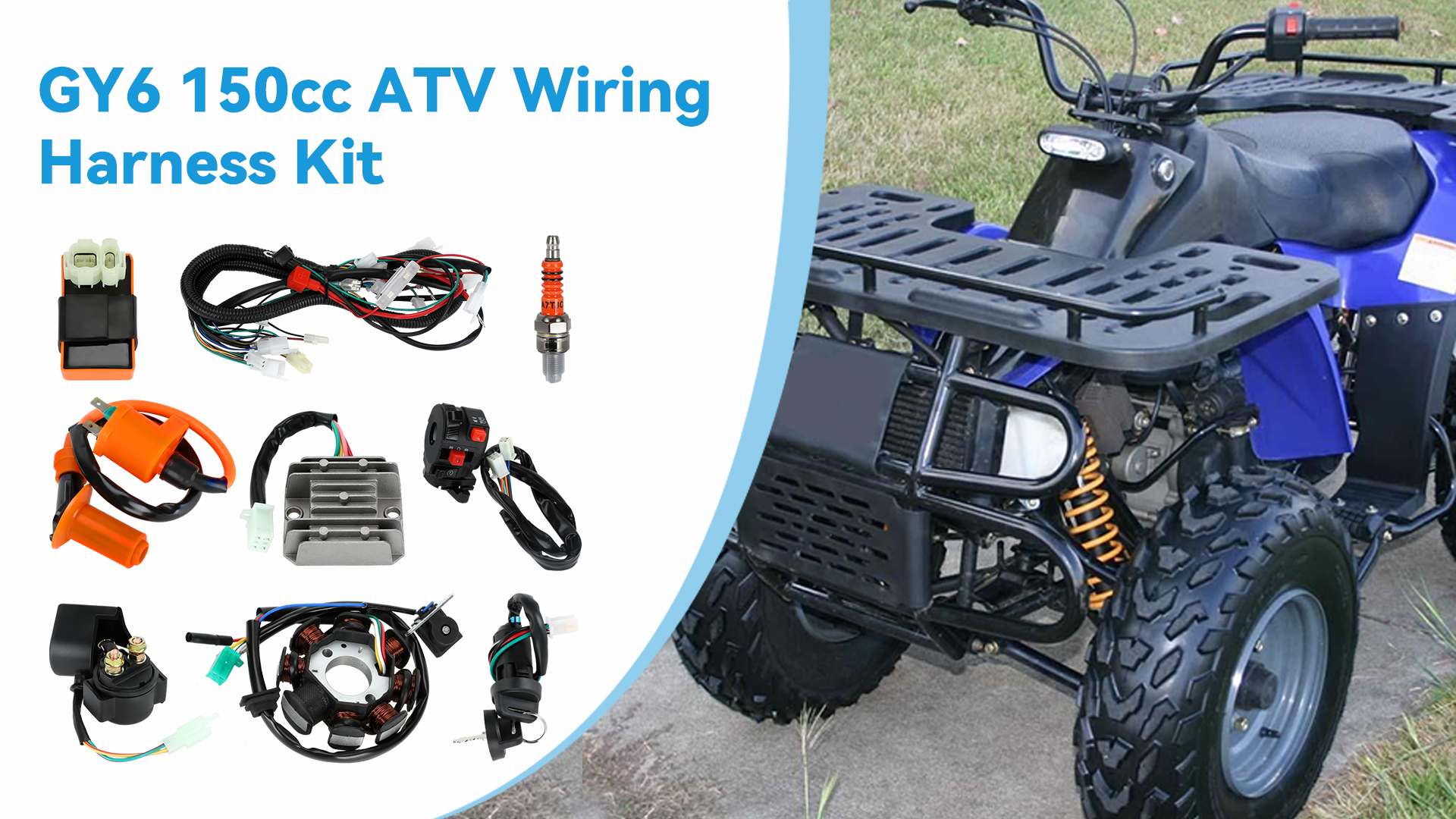 Image of EOPOAYI Complete Wiring Harness Kit Compatible with GY6 150cc 152QMI 157QMJ 4-Stroke Engine ATV Quad 4 Wheeler Scooter Moped Dune Buggy Parts Ignition Coil CDI Startor Starter Relay Solenoid Regulator