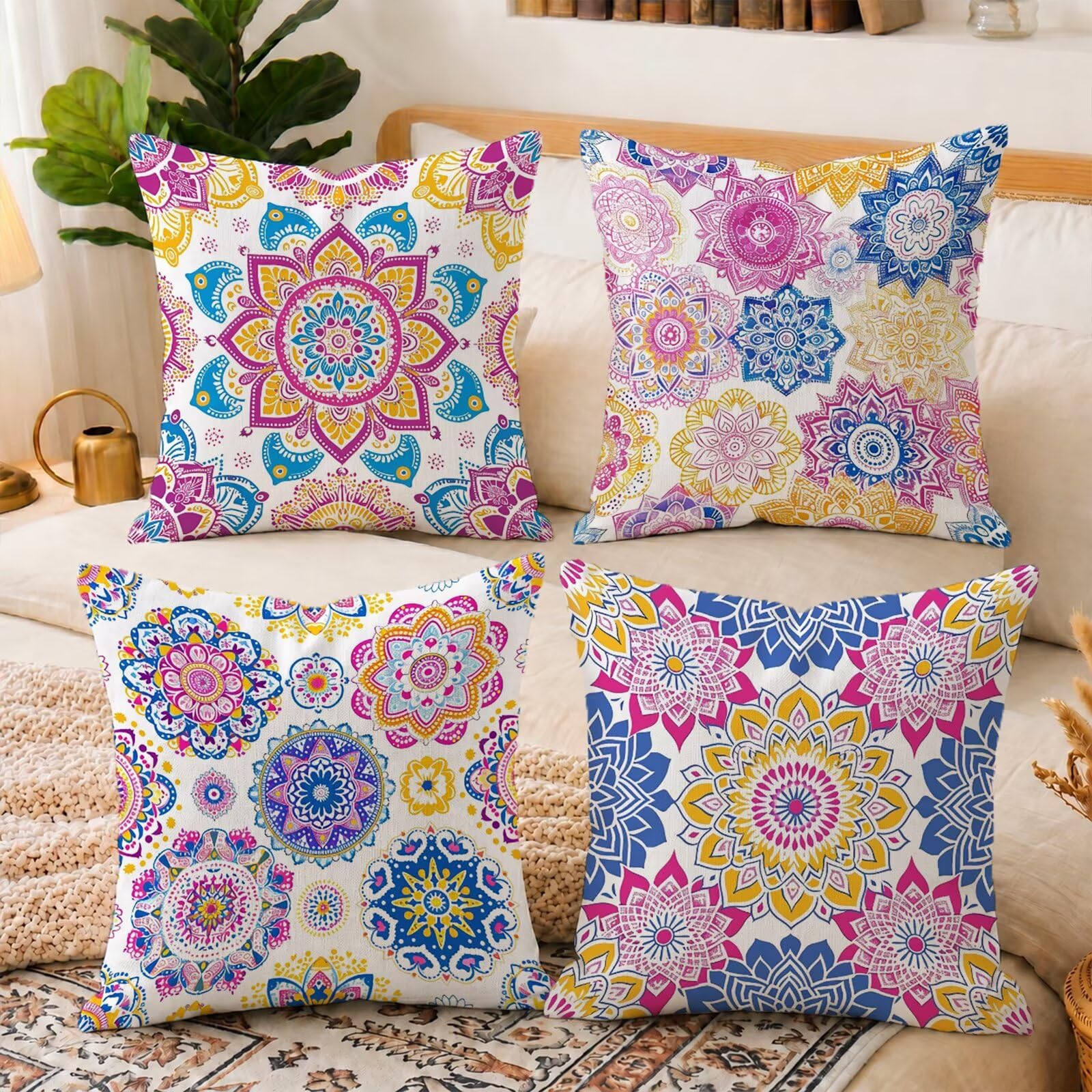 Kissenbezug 60x60 cm 4er Set Beidseitig Bedruckte Farbe Mandala Samt Zierkissenbezüge, wasserdichte Outdoor Kissen Dekokissen für Lounge Deko Wohnzimmer Garten Wohnaccessoires & Schlafzimmer C-O39