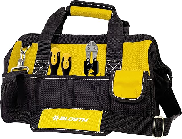 BLOSTM 14-Inch Tool Bag Organiser - Heavy Duty Tool Organiser Storage Bag, Multipurpose Small Tool Bag With Spacious Compartment, Extra Pockets For Hand Tools & Adjustable Strap (Tools Not Included)