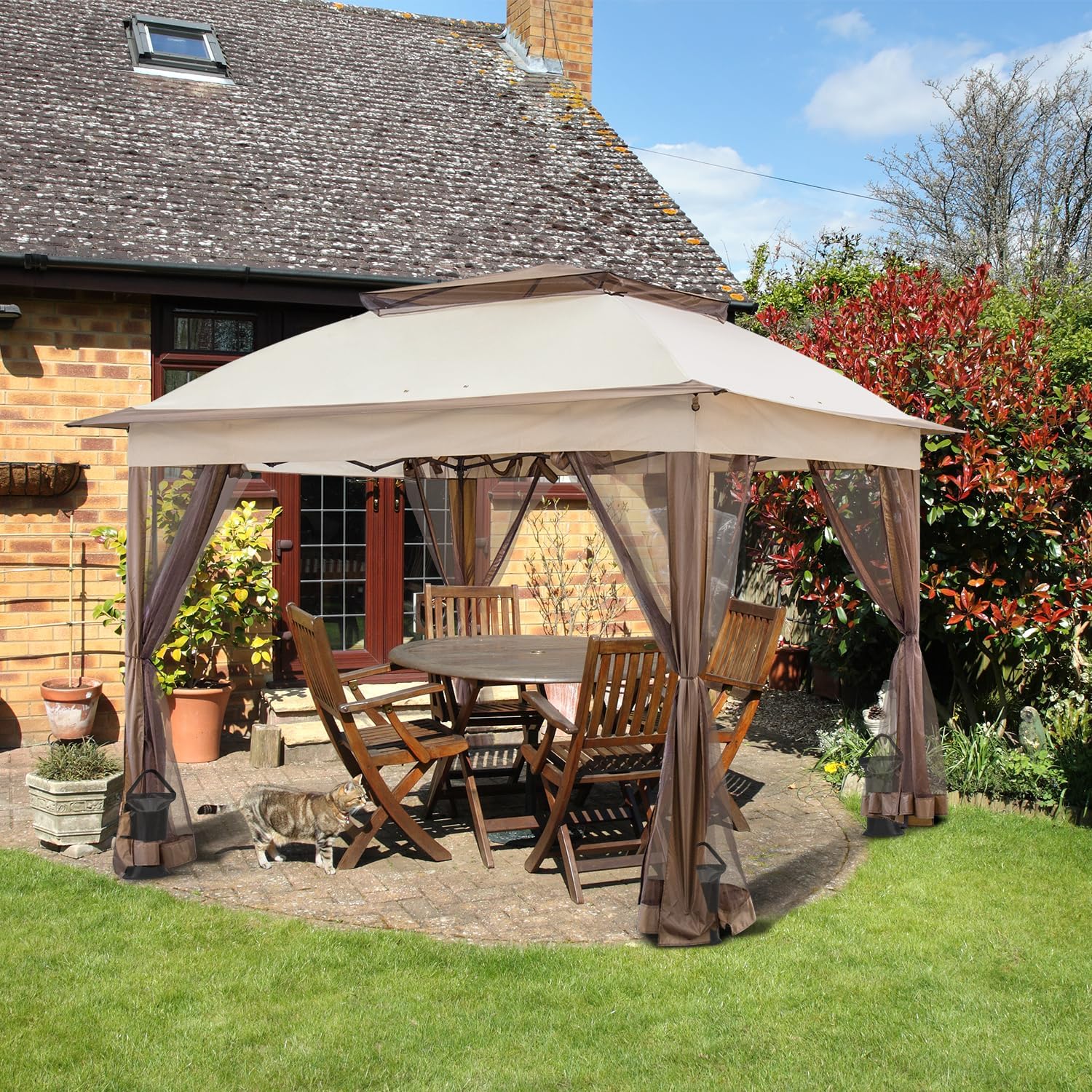 COOS BAY 11x11 Pop Up Gazebo with Mesh Netting, Instant Outdoor Canopy Tent, Water Resistant Shelter with UPF 50+ UV Protection, 121 Sq Ft Coverage, Beige