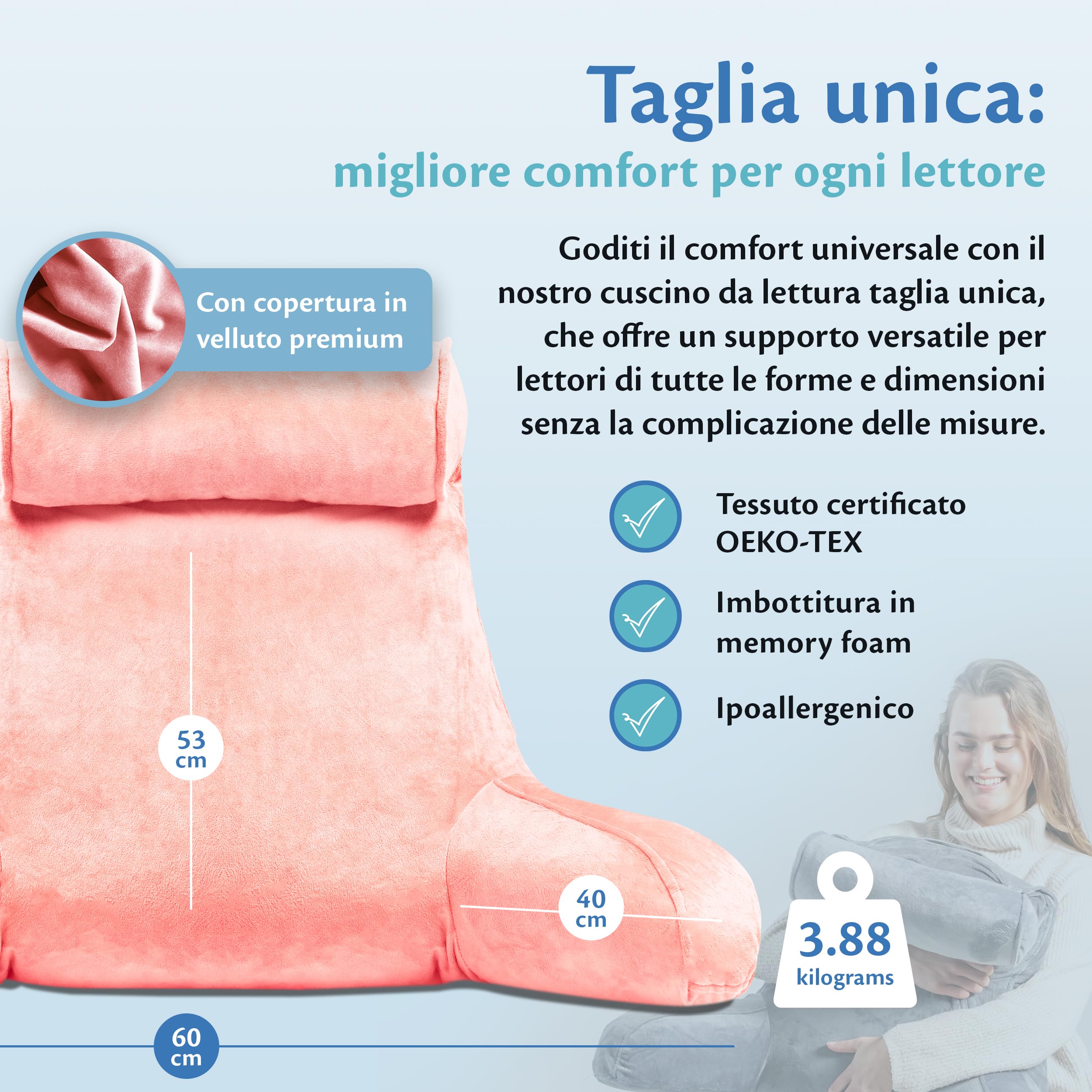 Cuscino Da Lettura Con Braccioli E Paranuca - Morbido Schienale Per Letto E Divano, Blu - Foto 2