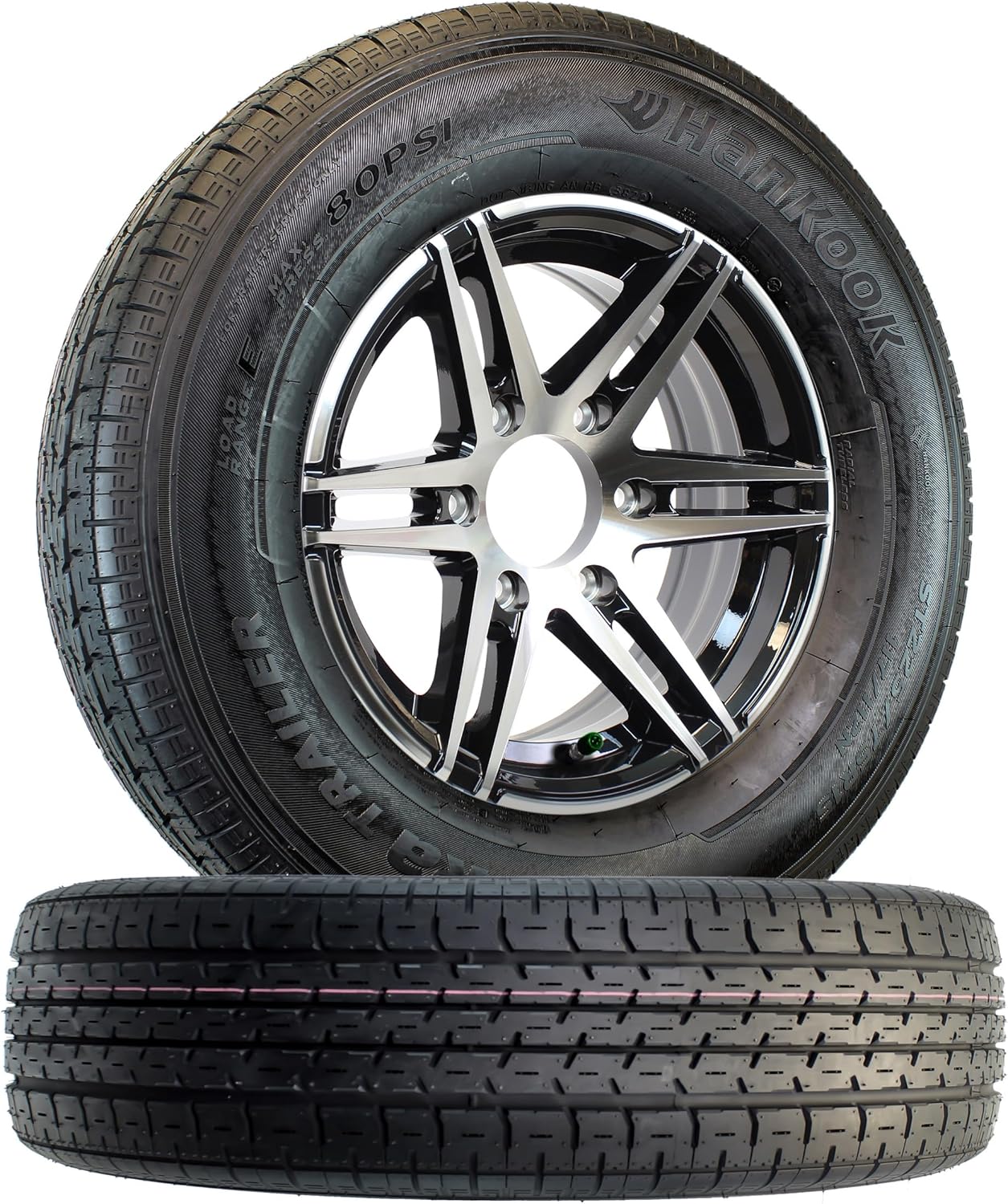 2Pk Hankook ST225/75R15 Trailer Tire On Black Aluminum Rim