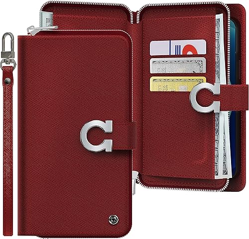 JUST4YOU Funda tipo cartera con cremallera para Galaxy Note 9 con correa y tarjetero de piel sintética de alta calidad, funda tipo folio (borgoña)