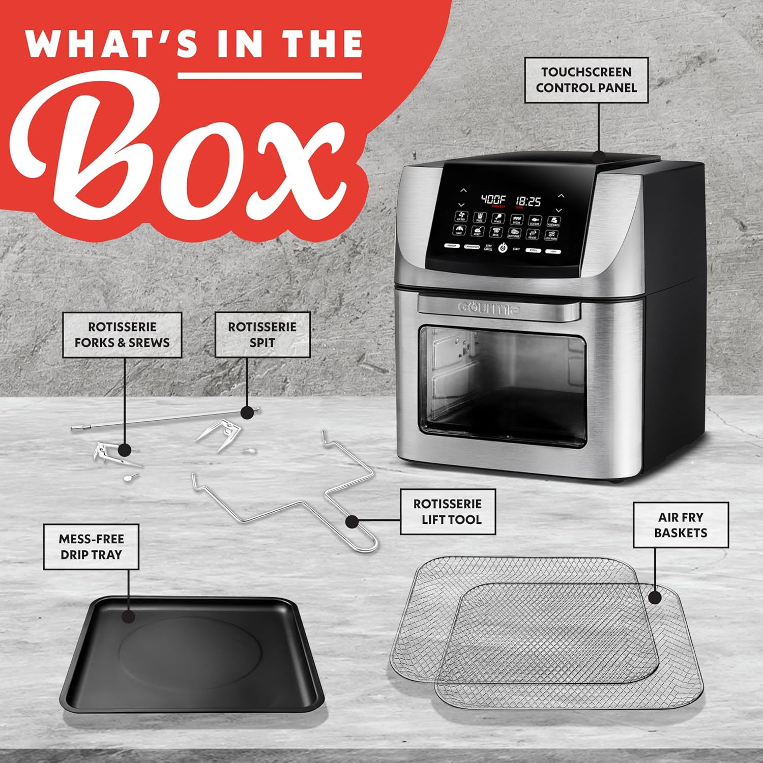 Gourmia Air Fryer - 14 Qt All-in-One Rotisserie Oven with Digital Display, 12 Presets, Roast, Bake, Broil, Dehydrate, Dishwasher Safe Accessories, Stainless Steel