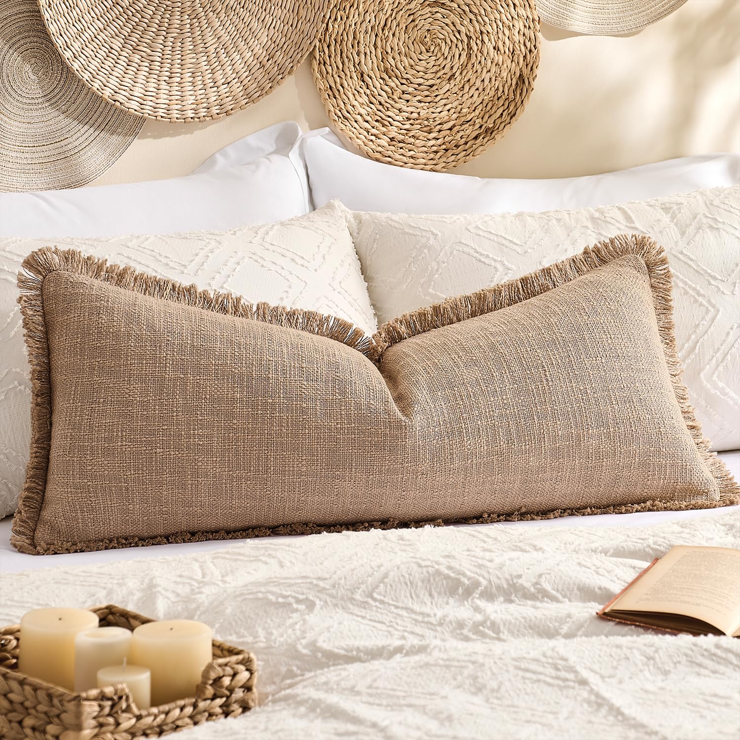 View 1 of 100% Cotton 14x36 Inch Lumbar Pillow Cover with Fringe 1 Pack, Khaki Brown