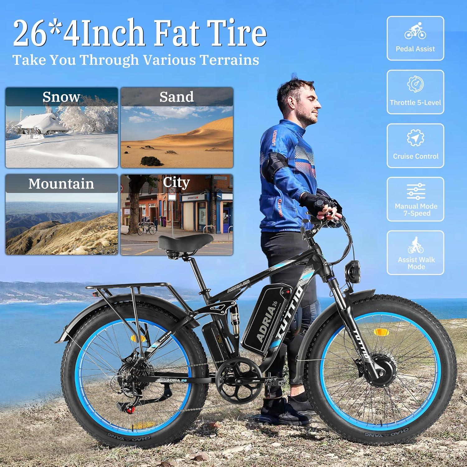TUTTIO Adria26 5000W/6000W dual motor ebike,40-46MPH Electric Bike for Adults, 26 * 4" Fat Tire Electric Mountain Bike, 52V 25AH E-Bike Full Suspension Electric Dirt Bike for Off-Road Mountain Hunting