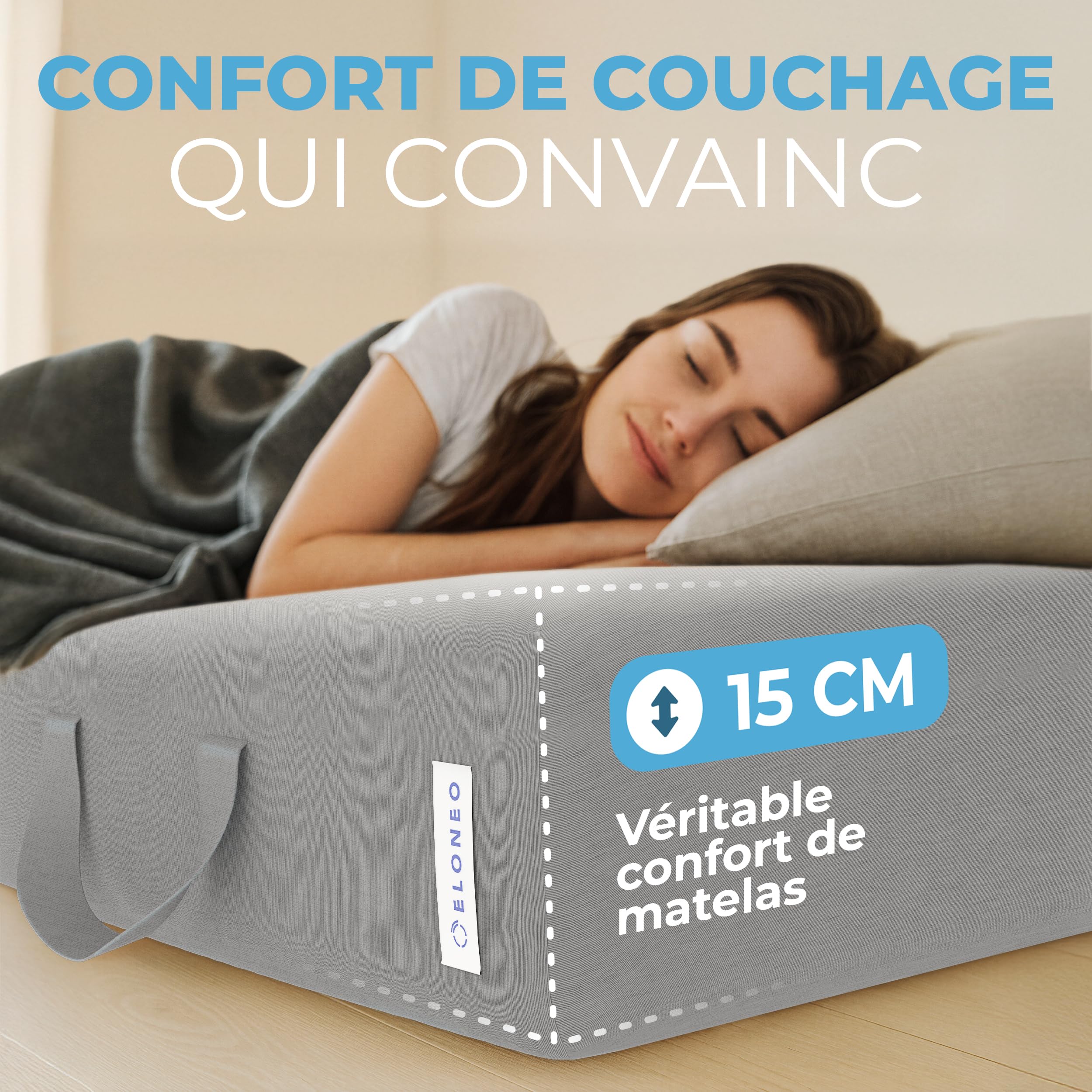 ELONEO Matelas Pliant, Matelas d'Appoint Pliable en 3 Parties, Mousse Extra Épaisse (15 cm), Lavable, Cube Intervertébral, Matelas Pliable, pour Adulte, 1 Personne (Gris, 90 x 200 x 15 cm)
