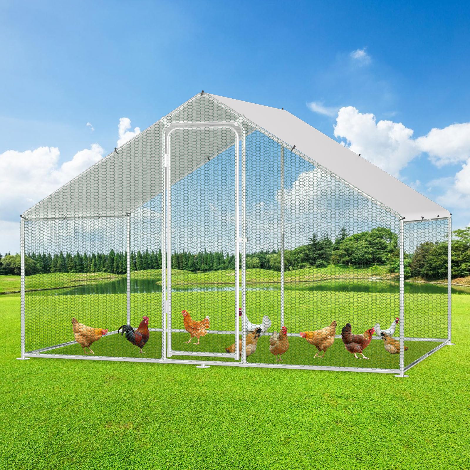 XL Hühnerstall Freilaufgehege mit Sicherheitsschloss und Wasserdichtes PE-Farbtuch, Viel Platz für Hühner, Kaninchen und weitere Kleintiere, Stabilem Stahlrahmen, 3x2x2m