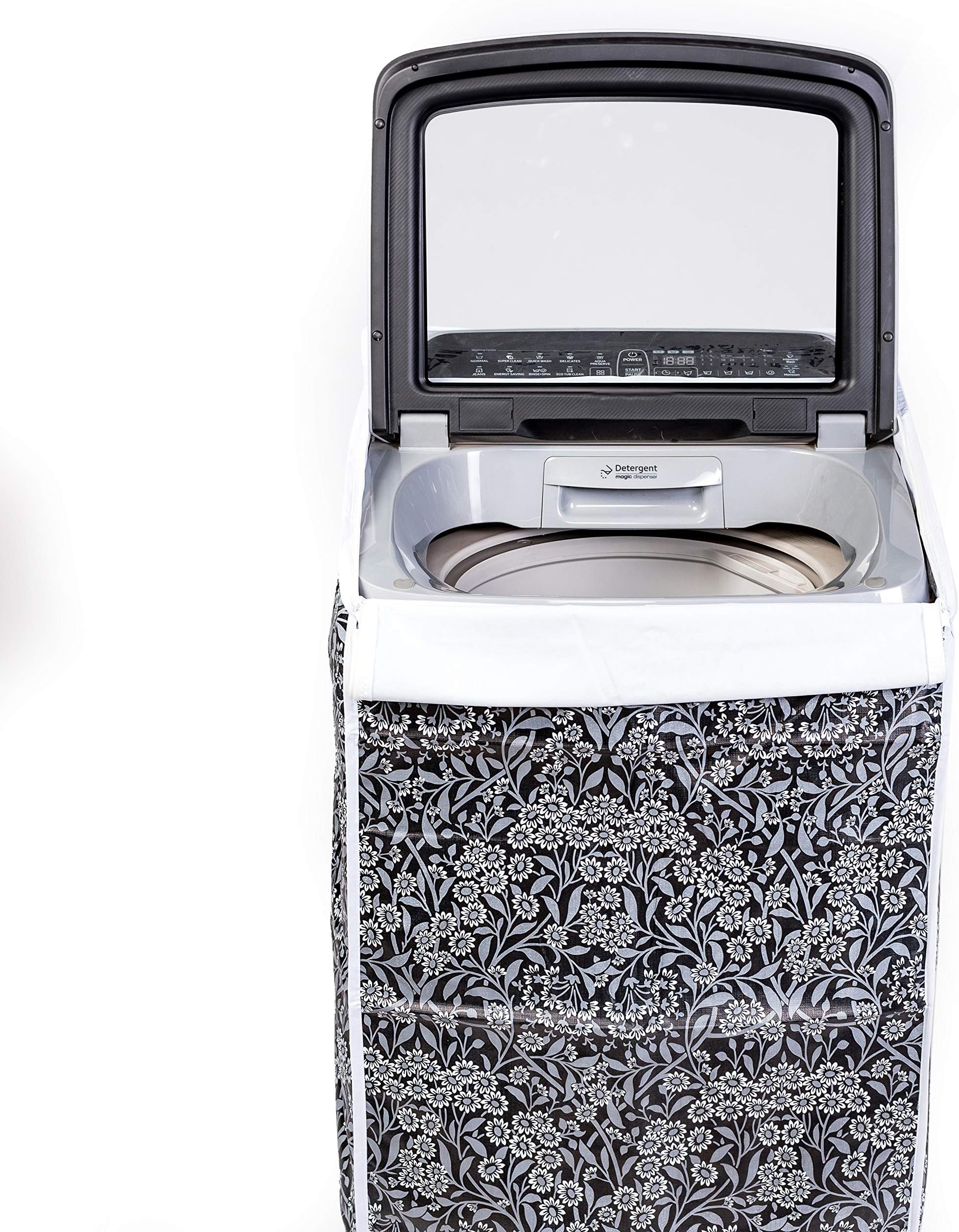 Washing Machine Cover Suitable for Top Load Samsung Back Panel 8.5 Kg, 9 Kg, 9.5 Kg, 10 Kg (63cmsX63cmsX93cms, Black Flower)