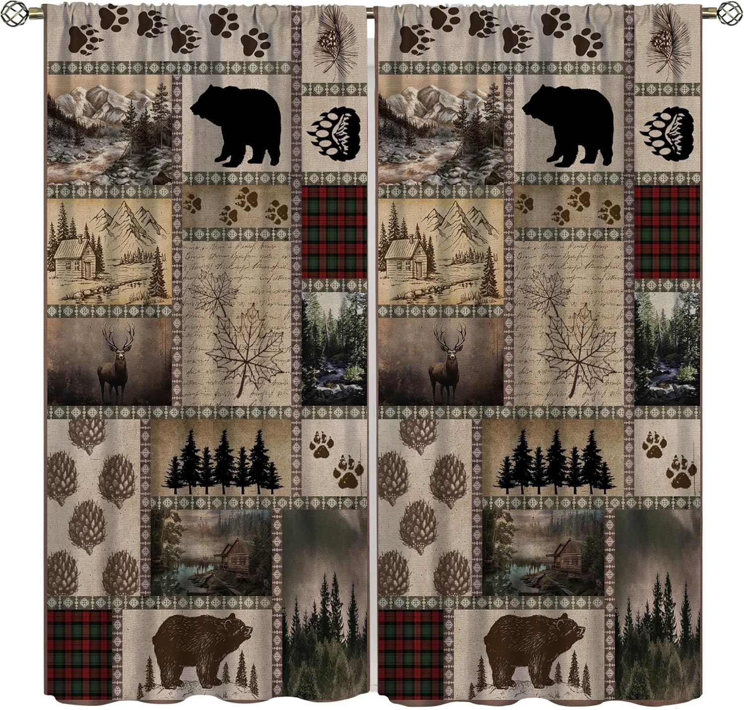 Retro Rusticd Cabin Blackout Curtains Bear Country Farmhouse Vintage Lodge Rod Pocket Window Treatments for Girls Boy Bedroom Living Room Kitchen Drapes 52x84 Inch