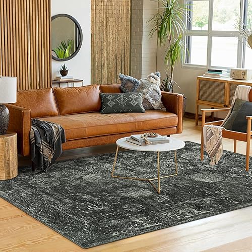 Seavish Alfombras negras para sala de estar, alfombra de área de 5 x 7 pies para dormitorio, alfombra grande vintage envejecida, alfombra de pelo