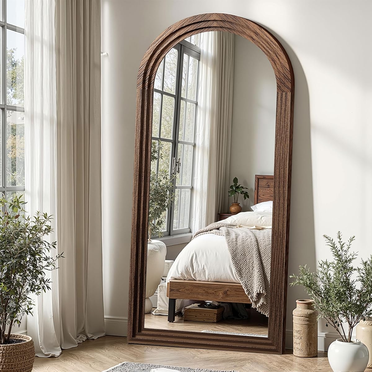 Delma Arched Full Length Mirror with Solid Wood Frame, 55x24 Farmhouse Wall Mounted Floor Mirror with Stand, Vertical Hanging, Leaning Standing for Bedroom, Living Room, Brown