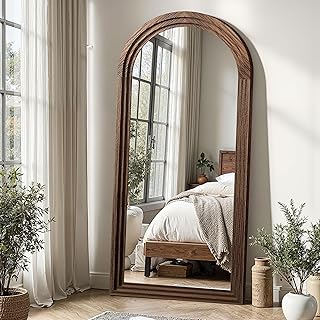 Delma Arched Full Length Mirror with Solid Wood Frame, 55x24 Farmhouse Wall Mounted Floor Mirror with Stand, Vertical Hanging, Leaning Standing for Bedroom, Living Room, Brown