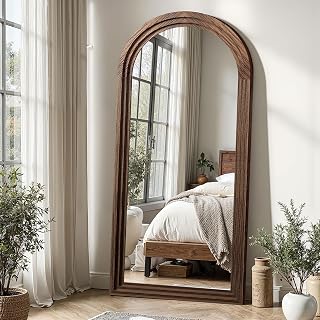 Delma Arched Full Length Mirror with Solid Wood Frame, 55x24 Farmhouse Wall Mounted Floor Mirror with Stand, Vertical Hanging, Leaning Standing for Bedroom, Living Room, Brown - Amazon product rated Grade B