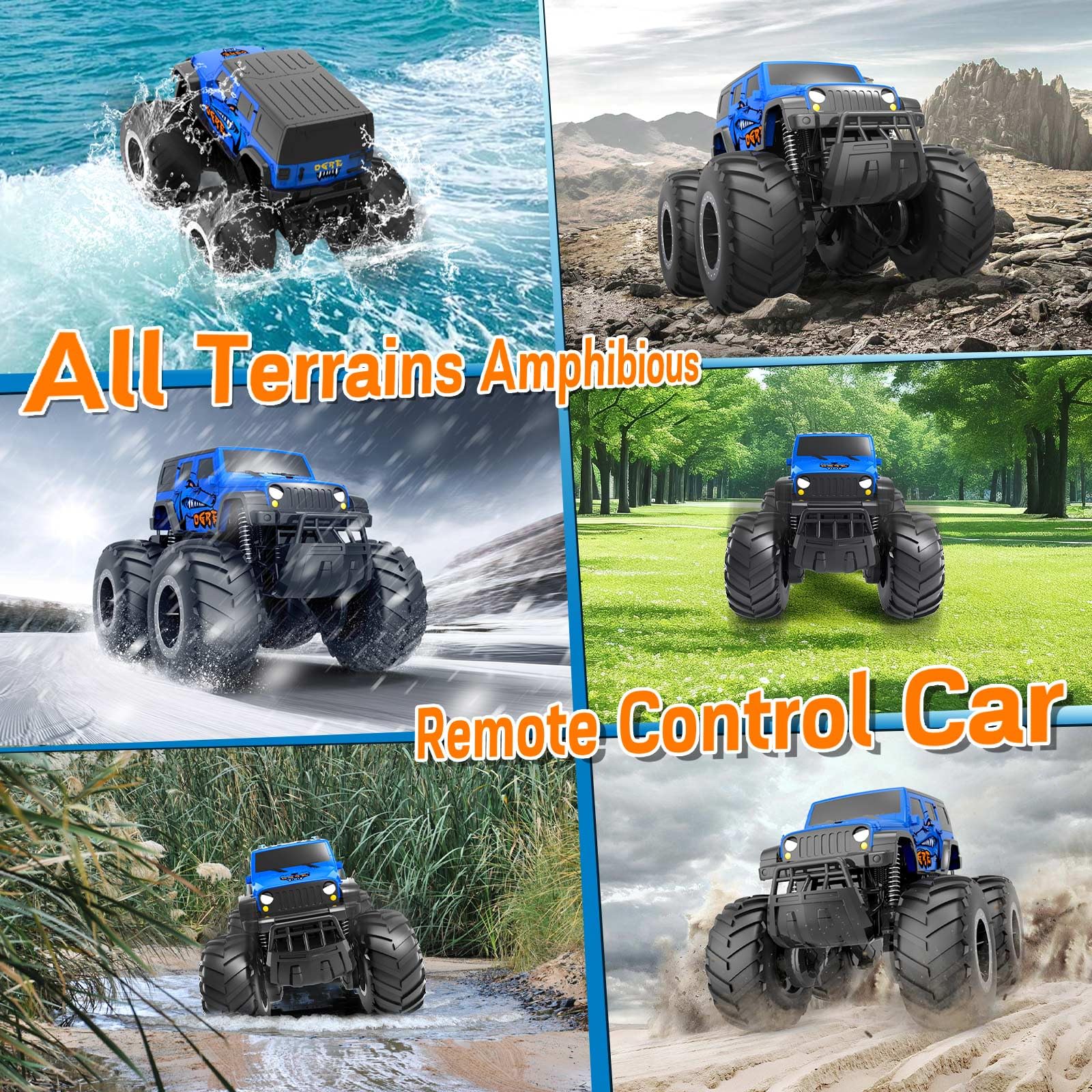 Gindoly Macchina Telecomandata, 2,4 GHz macchina telecomandata per bambini, 4WD 15+ km/h Monster truck radiocomandato,veicolo anfibio con telecomando-Monster