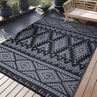 Homaxy Outdoor Teppich Wetterfest, 180x270cm, Schwarz & Grau | Kunststoff Stroh Faltbar Waschbar UV-beständig Wendbar Balkon Garten Teppich für Terrasse Camping Picknick
