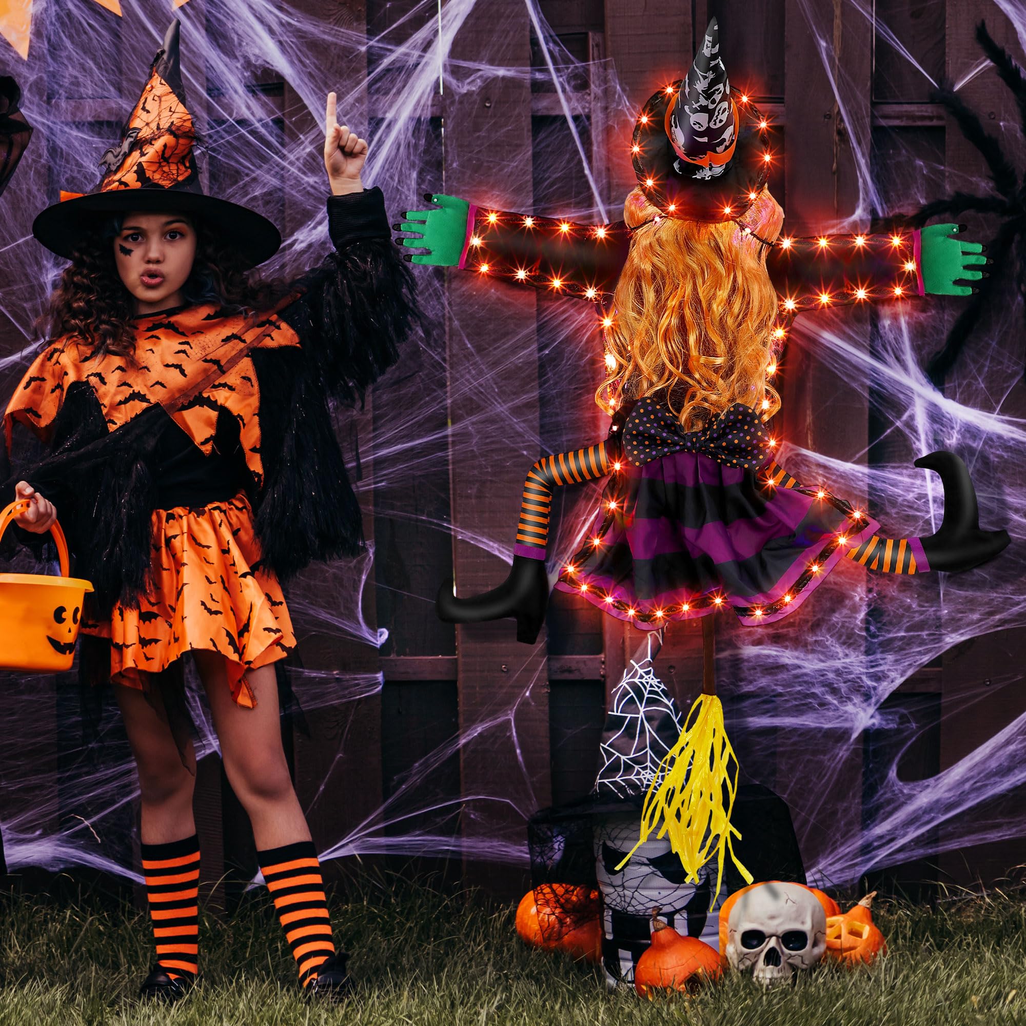 Crashing Witch into Tree Halloween Decorations (43 Inch Tall), Large Crashed Witch Sewed with Solar String Lights for Outdoor Porch Garden Patio Pathway Party Halloween Decor (Orange)