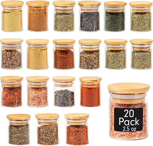 Crutello Paquete de 20 mini tarros de especias de 2.5 onzas con tapas de bambú, tarros aptos para lavavajillas para especias, miel, frijoles, arroz,