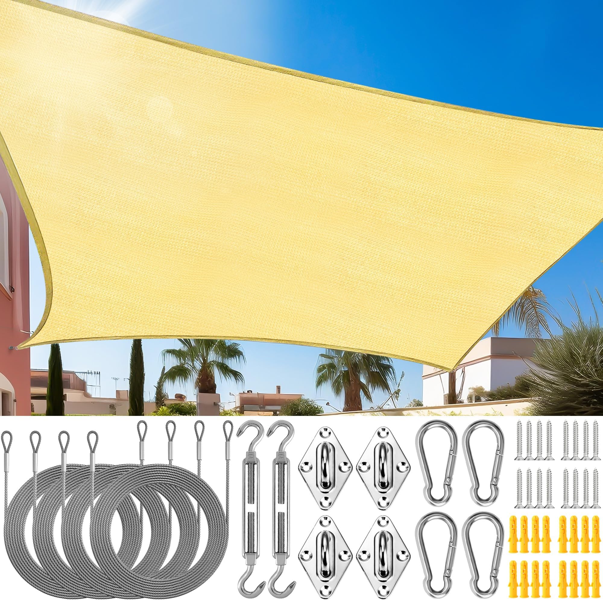 DazSpirit Upgraded Large Size Sun Shade Sail with Installation Kit, 4x6M to 6x8M PE Rectangle Backyard Shade Sail for Garden Playground Suitable for Extreme Hot Weather (4x8m&kit)