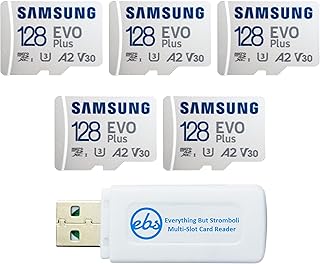 Samsung 128GB Evo Plus MicroSD Card (5 Pack EVO+ Bundle) Class 10 U3 A2 UHS-I SDXC Memory Card for Phone, Tablet, Action Cam (MB-MC128KA) Bundle with 1 Everything But Stromboli Micro & SD Card Reader