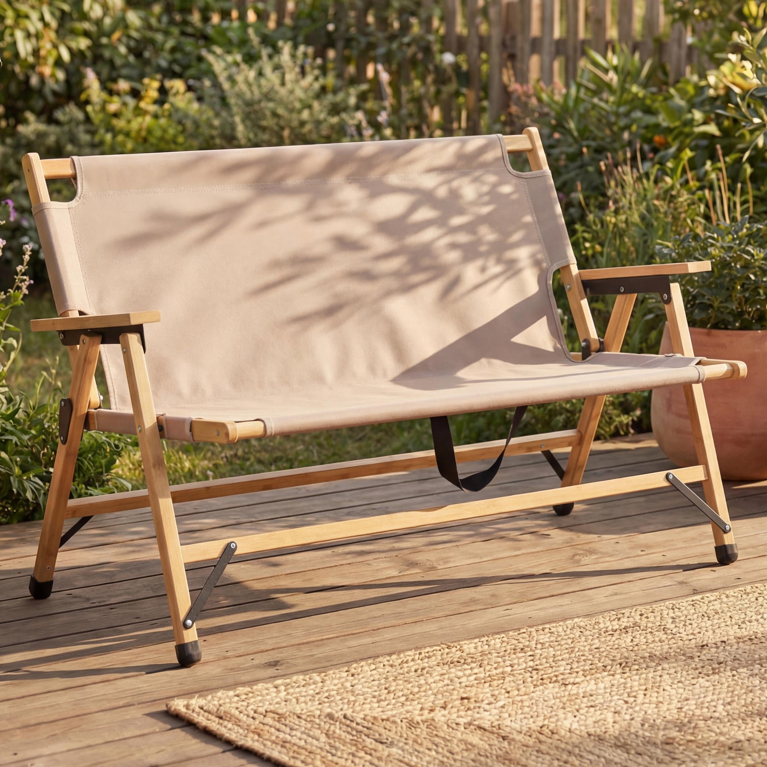 Mendler Bambus Campingbank HWC-Q40 117cm Stoff/Textil - Creme | Outdoorbank, Picknickbank, Gartenbank, klappbar, Tragegriff
