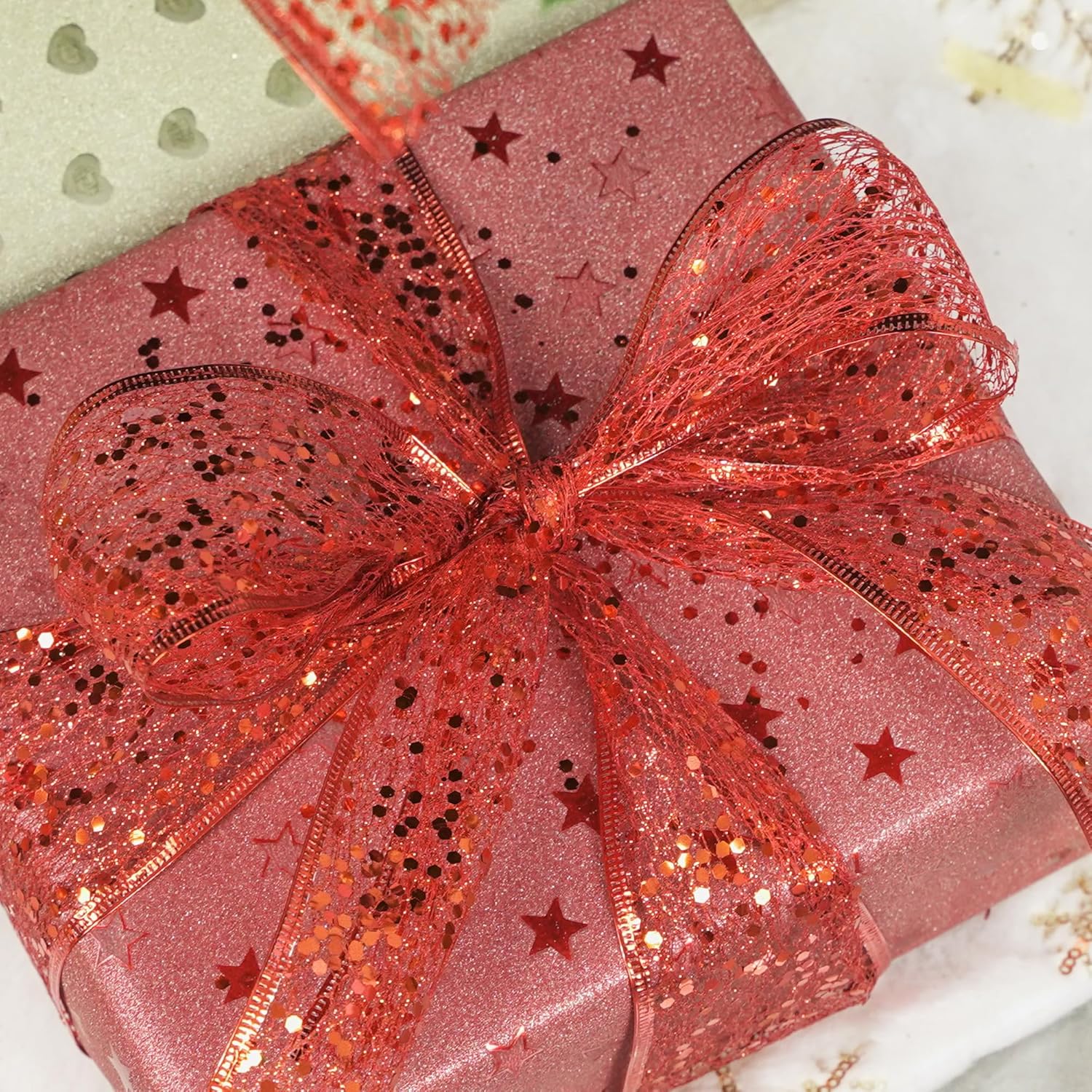 Champagne Gold Glitter Fan Ribbon, Champagne Christmas, 2.5 Inch Champagne Christmas Tree Decoration, Wreath, Garland Bow Making (25 Yards)