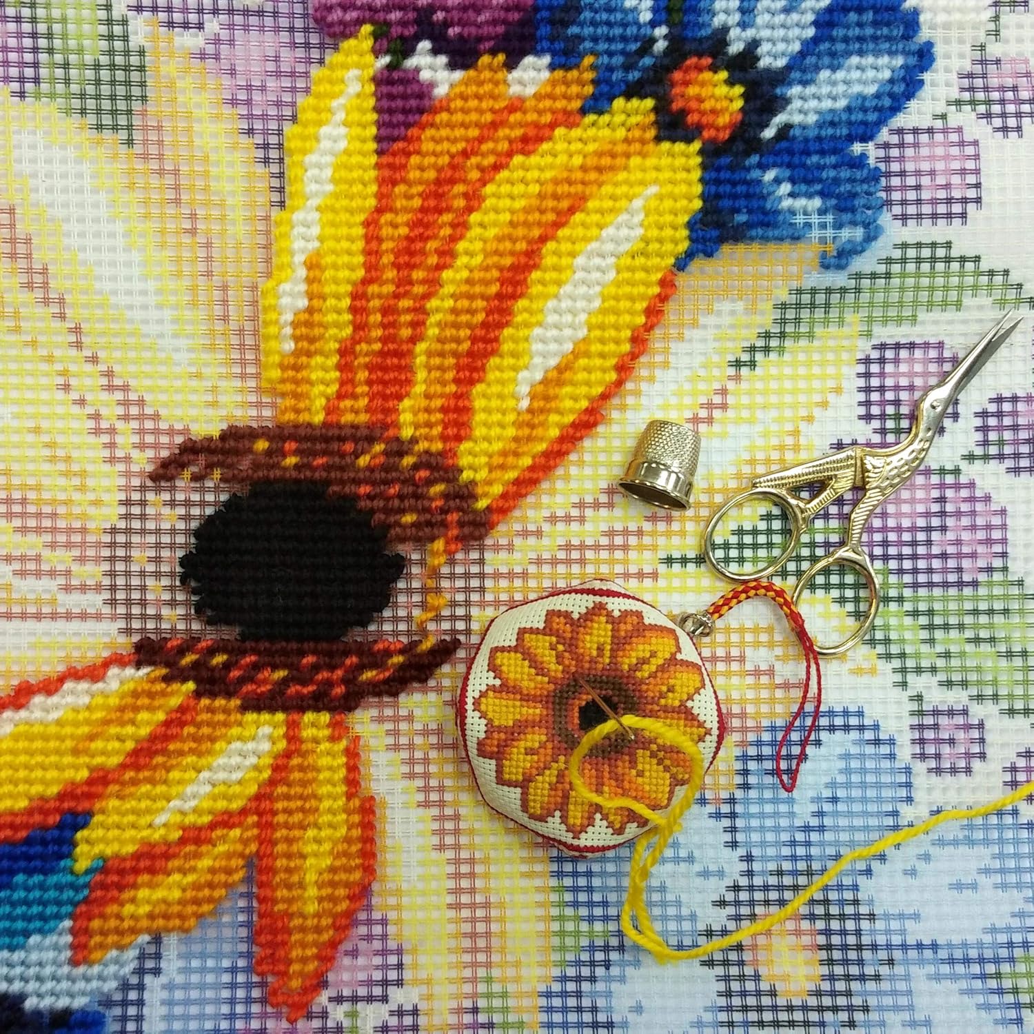 Brvsk Floral Needlepoint Kit for Adults and Beginners — Sunflower Among Flowers 16″ × 16″ with Clear, Precise Printed Design on Cotton Canvas; Includes 2 Needles, Yarn, and Easy-Read Chart