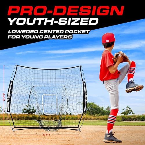 Miniatura 3 de GoSports Red de béisbol y sóftbol juvenil de 6 x 6 pies, red de práctica de golpeo y lanzamiento con marco tipo arco, bolsa de transporte y zona de