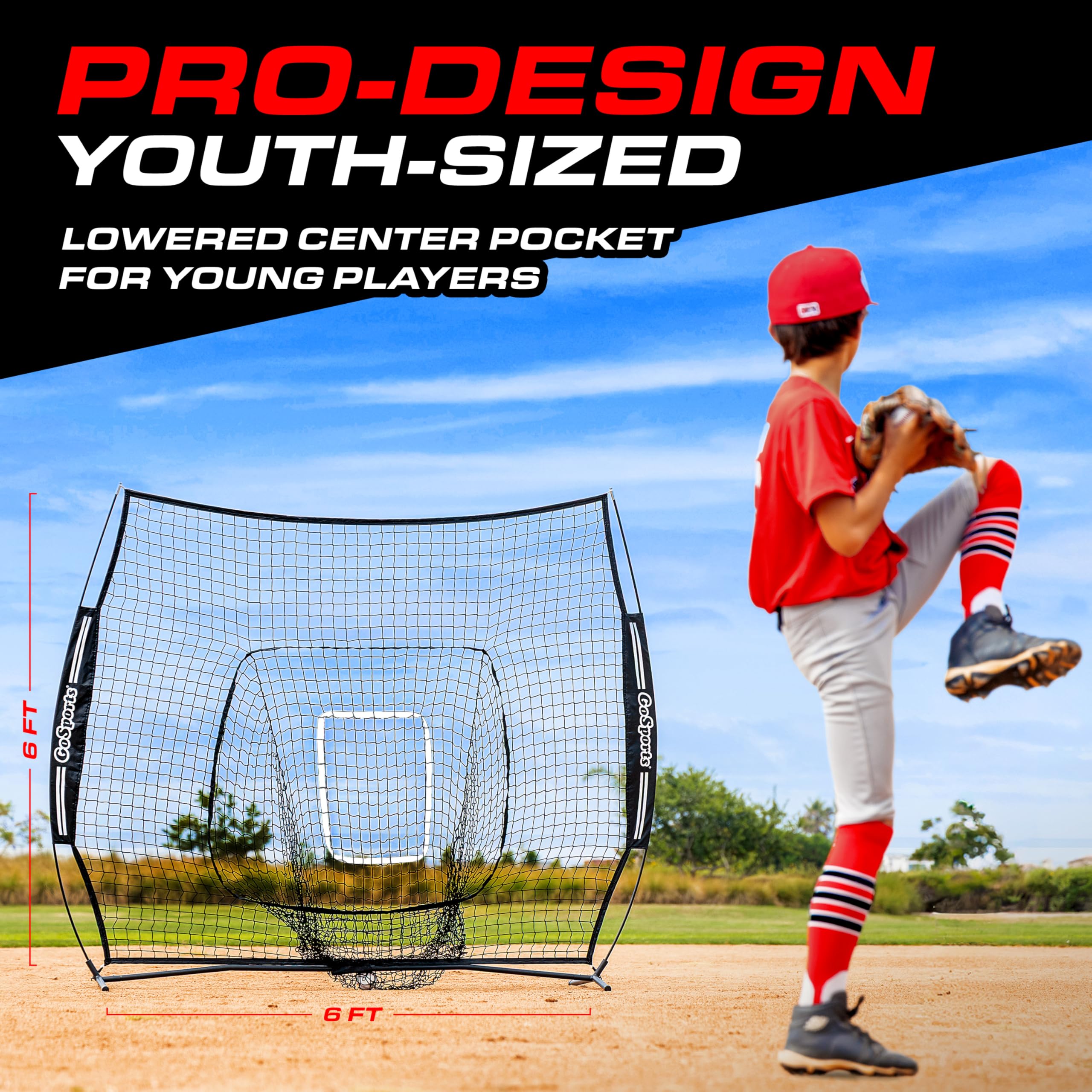 GoSports Red de béisbol y sóftbol Juvenil de 6 x 6 pies, Red de práctica de Golpear y lanzar con Marco Tipo Arco, Bolsa de Transporte y Zona de Golpe