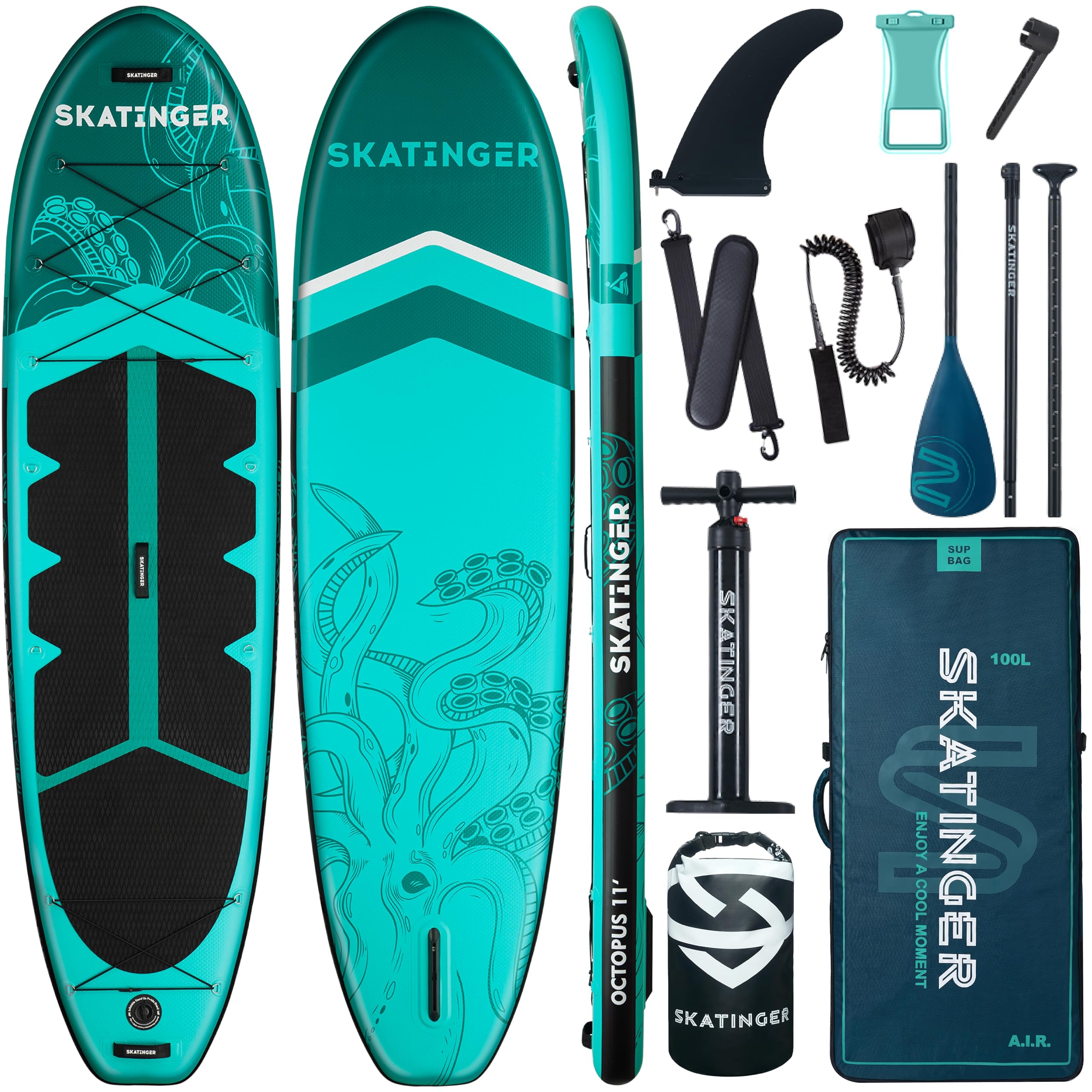 Skatinger 335 x 86,4 cm extra breites aufblasbares Paddelbrett, bis zu 190 kg Stand-Up-Paddle-Boards für Erwachsene, stabiles SUP für 2 Personen/Familie, 3-heiliges Paddel, Schultergurt, US-Finne