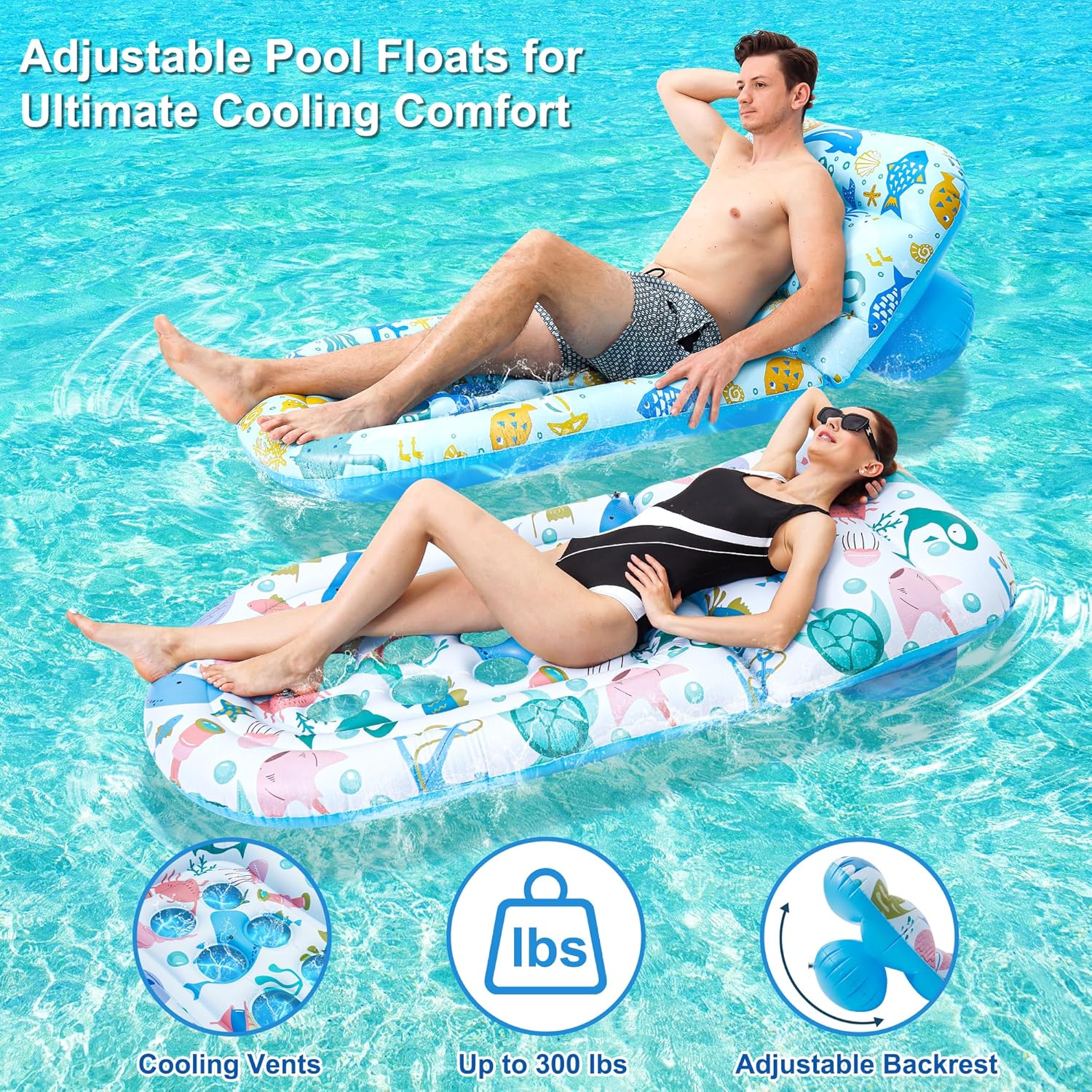 2 Pack Pool Floats Lounger, Instaywell Pool Floats Adult with Adjustable Backrest, Pool Rafts Floaties Water Hammock Tanning Floating Pool Party Toys for Swimming Pool Summertime Beach Outdoor