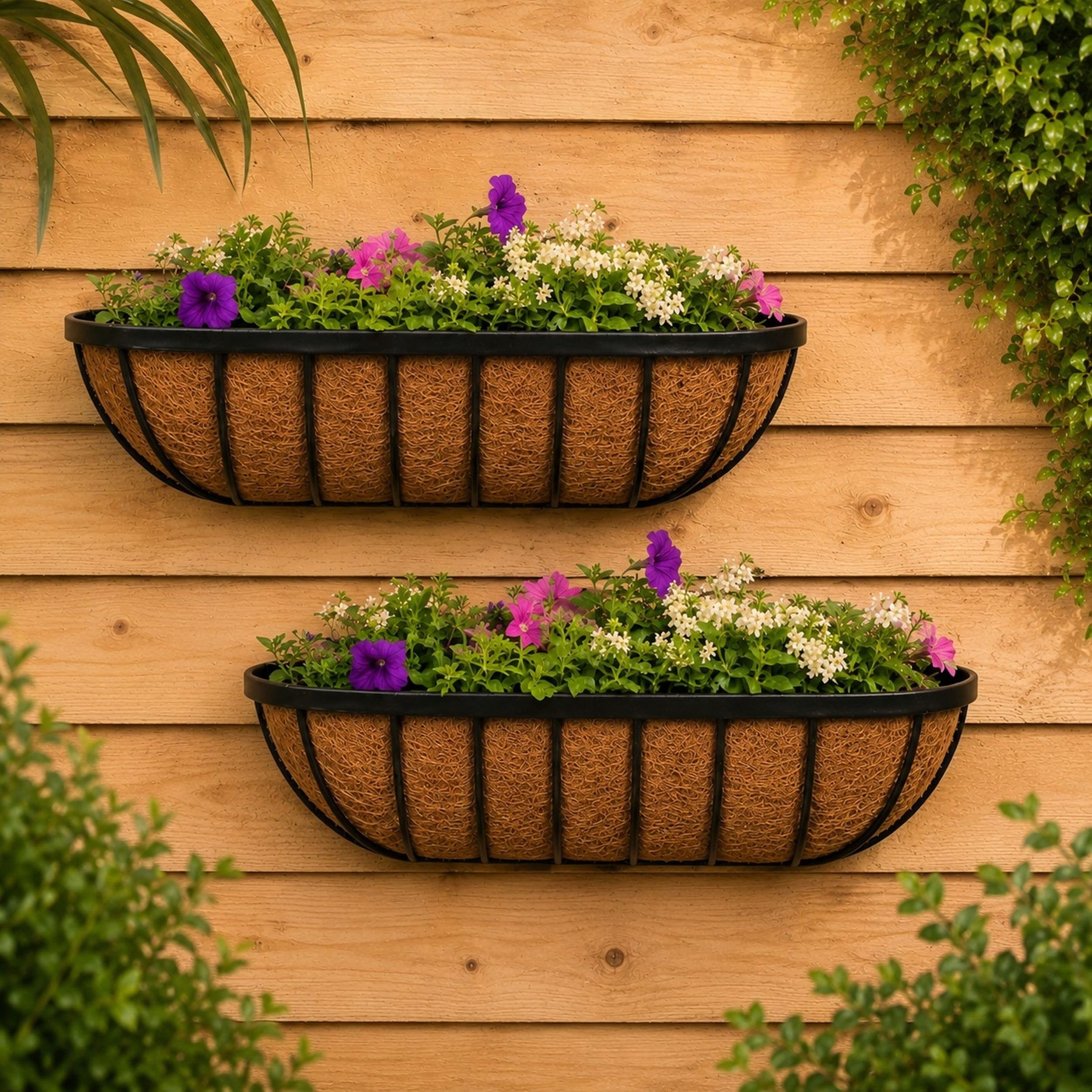 Shop4allsorts 2 x 24 Inch Metal Wall Trough Planter With Coco Liner - Black Wrought Iron Wall Mounted Garden Flower Basket - Hanging Wall Trough For Outdoor - Decorative Garden Wall Basket Planter.