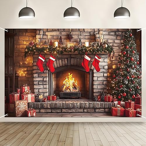 Telón de fondo de chimenea de Navidad, 5.9 x 3.6 pies, medias de árbol de Navidad de invierno, regalos de fondo para niños, pancarta de fiesta de