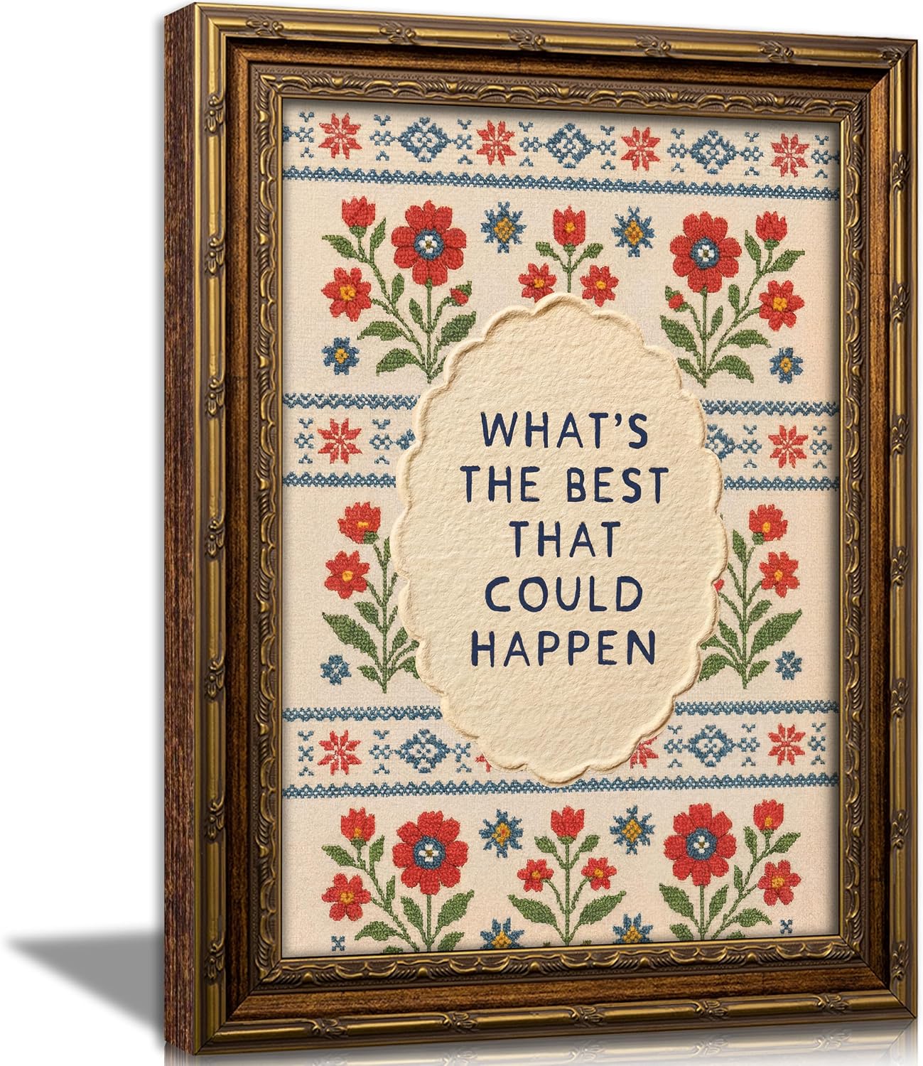 Vintage Gold Framed Bohemia Floral Wall Art, Embroidered Style Canvas Print