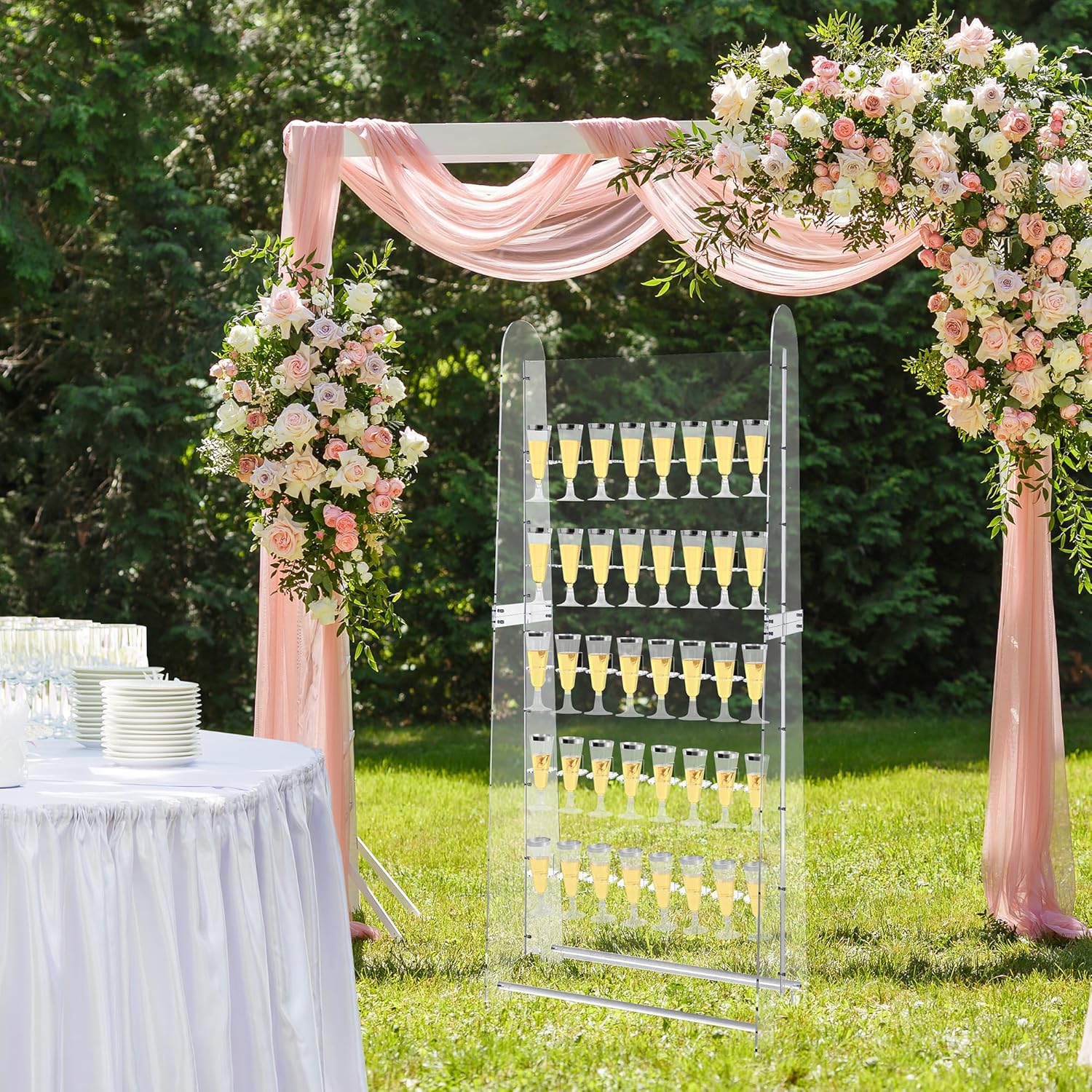 TURSTIN 5-Tier Champagne Wall Holder for Party 61.4 x 23.6 x 15.4 Inch Acrylic Champagne Towel Hold 40 Cups Wine Glass Stemware Rack Bubbly Champagne Flute Display Stand for Wedding and Parties