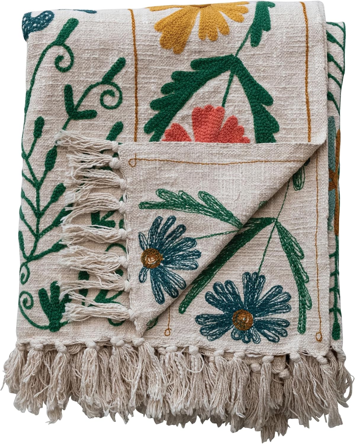 Creative Co-Op Cotton Slub Embroidered Throw with Suzani Pattern and Tassels, Multicolor - Image 8